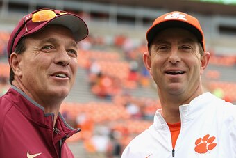 Florida State coach Jimbo Fisher, left, and Clemson coach Dabo Swinney are primed to sign impressive 2016 recruiting classes.