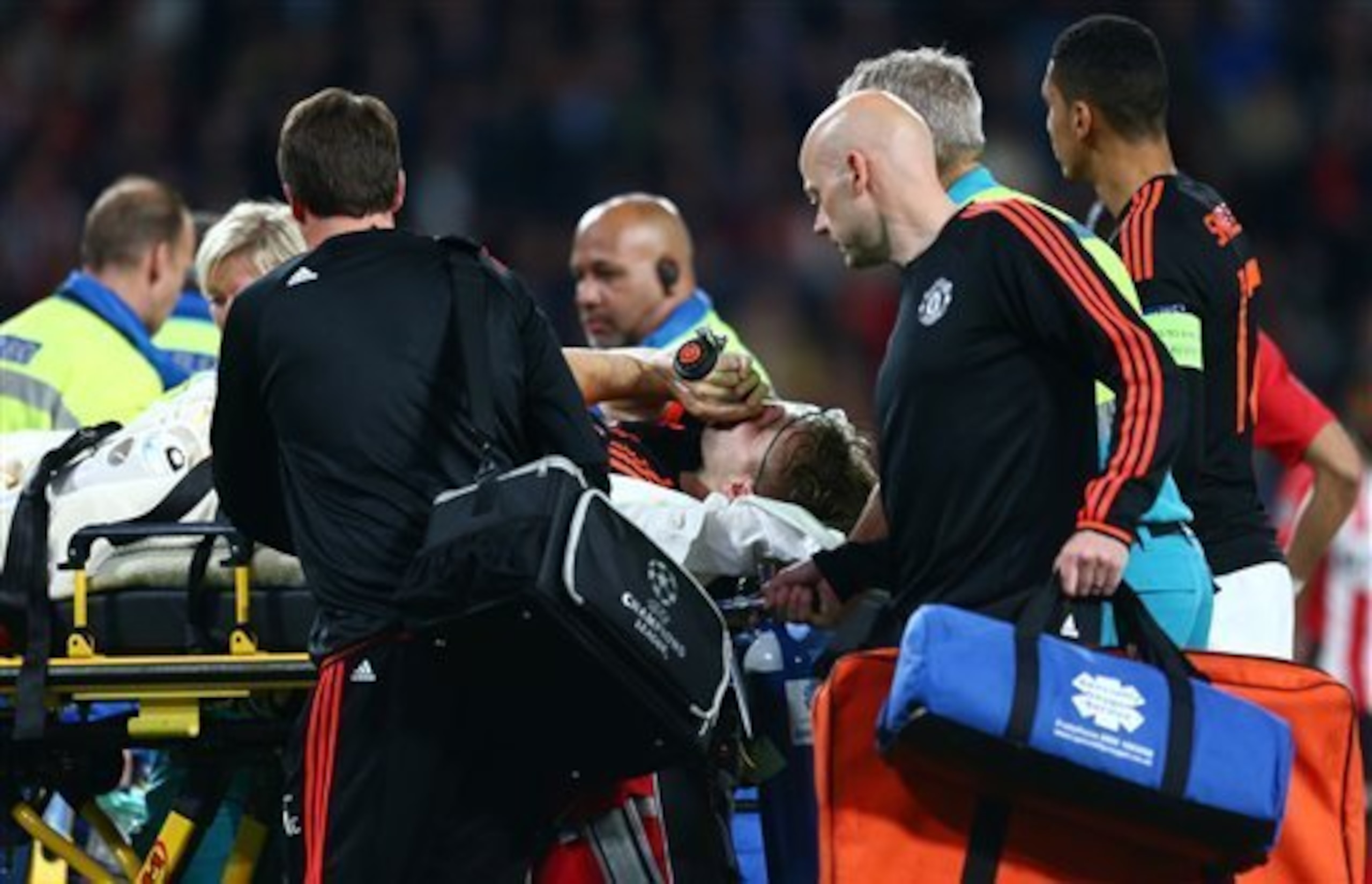 Luke Shaw is stretchered off against PSV Eindhoven Luke Shaw is stretchered off against PSV Eindhoven