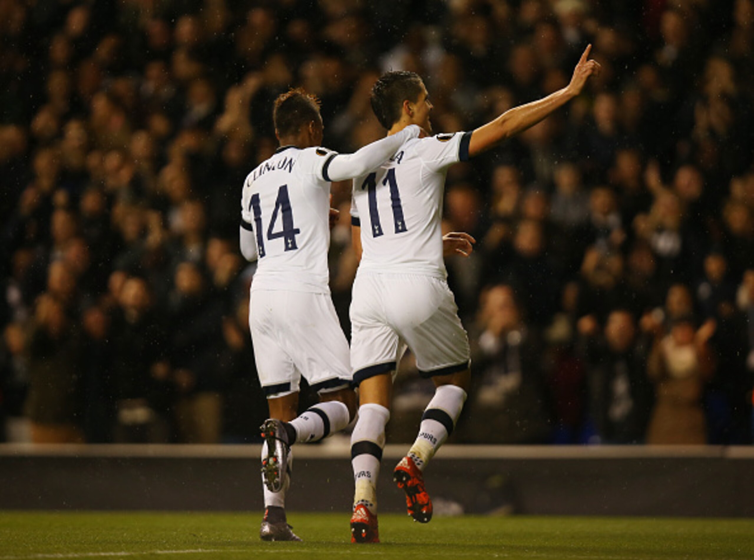 Clinton Njie and Erik Lamela celebrate during Tottenham's 4-1 Europa League win over Monaco. Could this be the year the north Londoners finally make a dent in the competition?