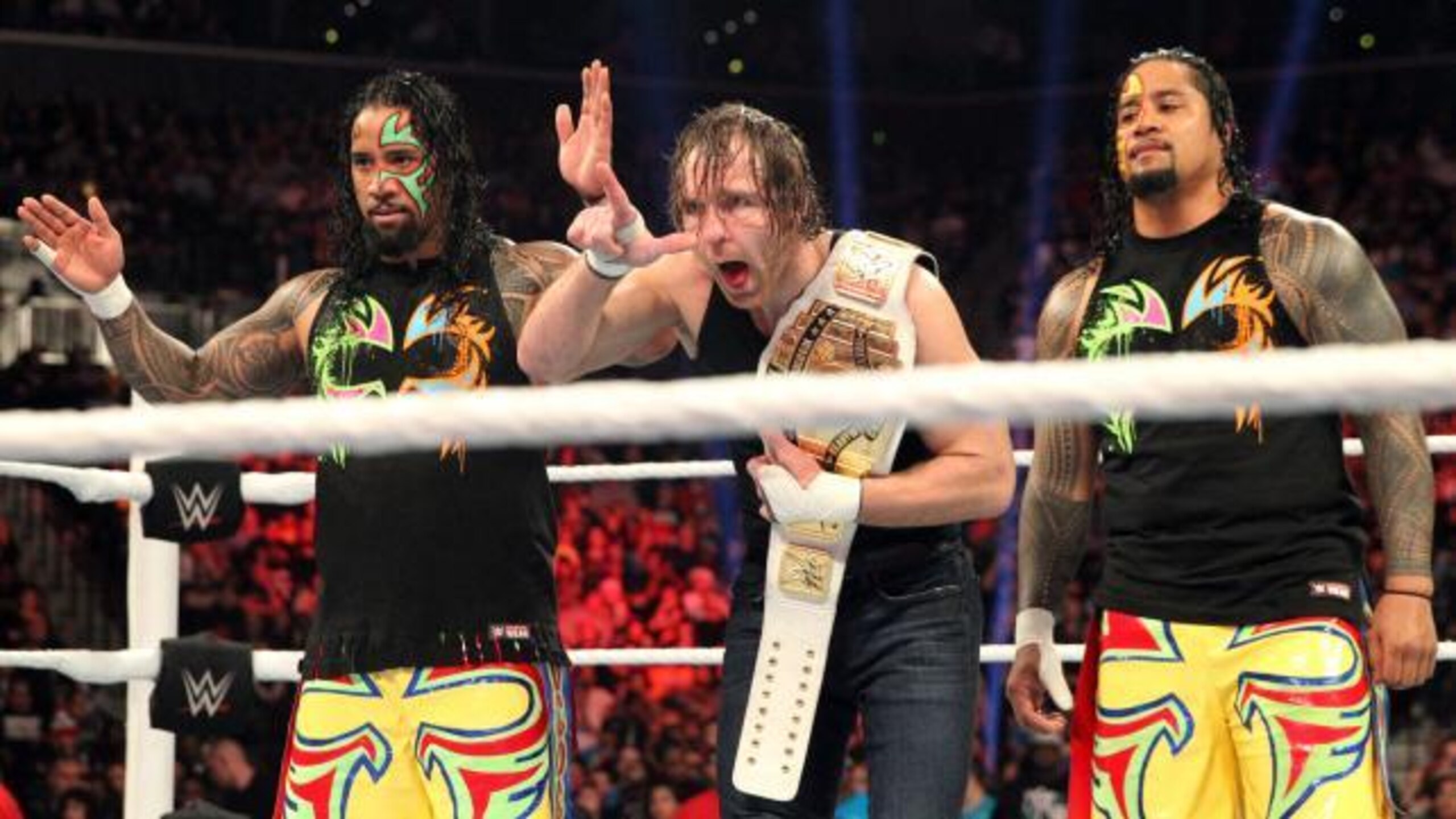 The Usos and Ambrose gear up for a match on Raw. The Usos and Ambrose gear up for a match on Raw.