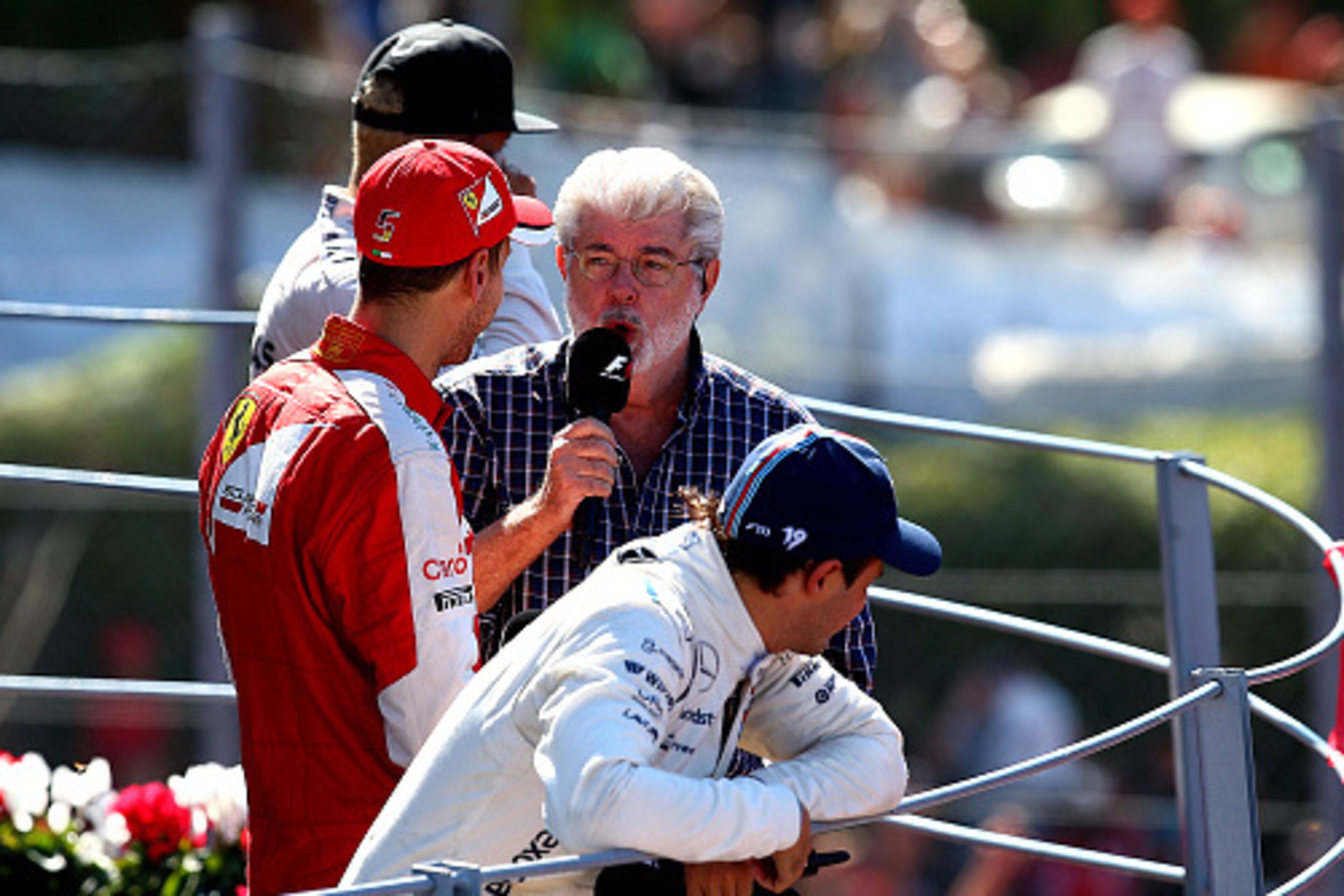 'Star Wars' creator George Lucas is a well-known F1 fan and he conducted the podium interviews at the 2015 Italian Grand Prix. 'Star Wars' creator George Lucas is a well-known F1 fan and he conducted the podium interviews at the 2015 Italian Grand Prix.