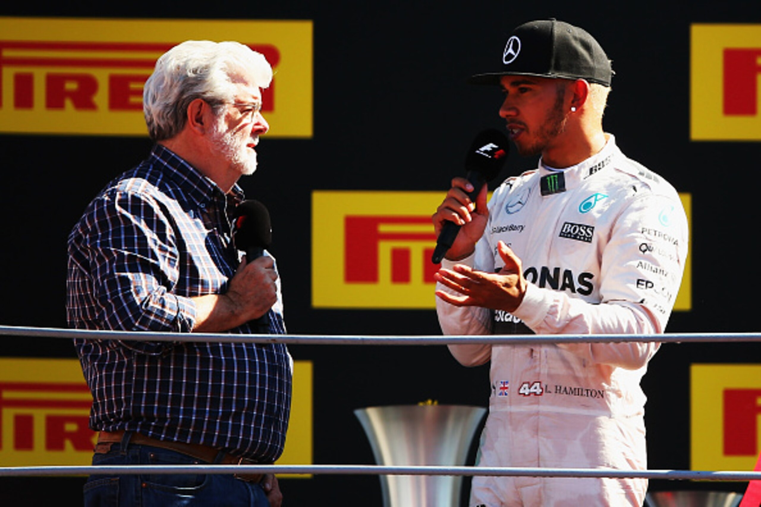 George Lucas interviews Lewis Hamilton at the 2015 Italian Grand Prix.