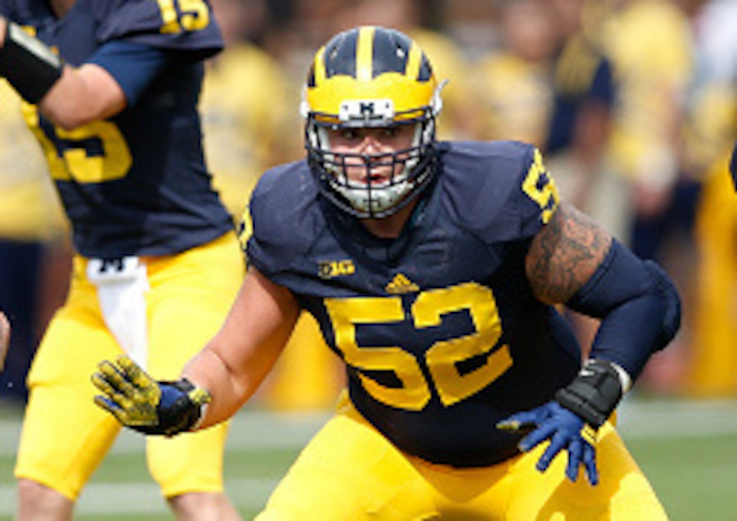 ANN ARBOR, MI - SEPTEMBER 26: Mason Cole #52 of the Michigan Wolverines in action against the BYU Cougars during the game at Michigan Stadium on September 26, 2015 in Ann Arbor, Michigan. The Wolverines defeated the Cougars 31-0. (Photo by Joe Robbins/Get