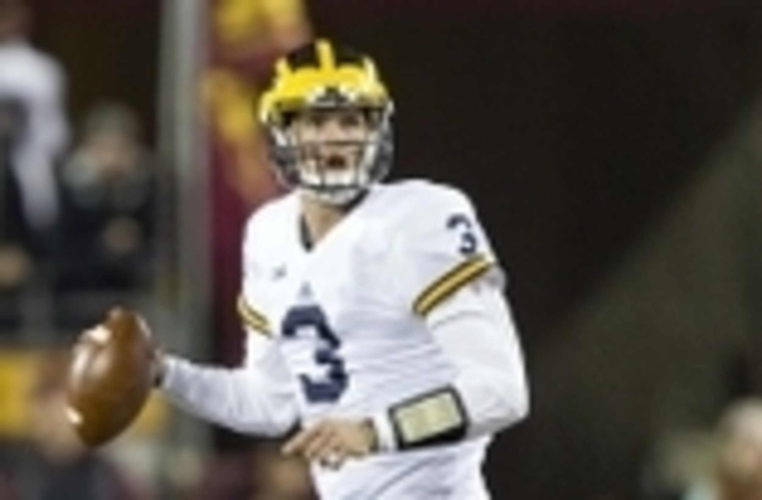 Oct 31, 2015; Minneapolis, MN, USA; Michigan Wolverines quarterback Wilton Speight (3) drops back for a pass in the second half against the Minnesota Golden Gophers at TCF Bank Stadium. Michigan won 29-26. Mandatory Credit: Jesse Johnson-USA TODAY Sports