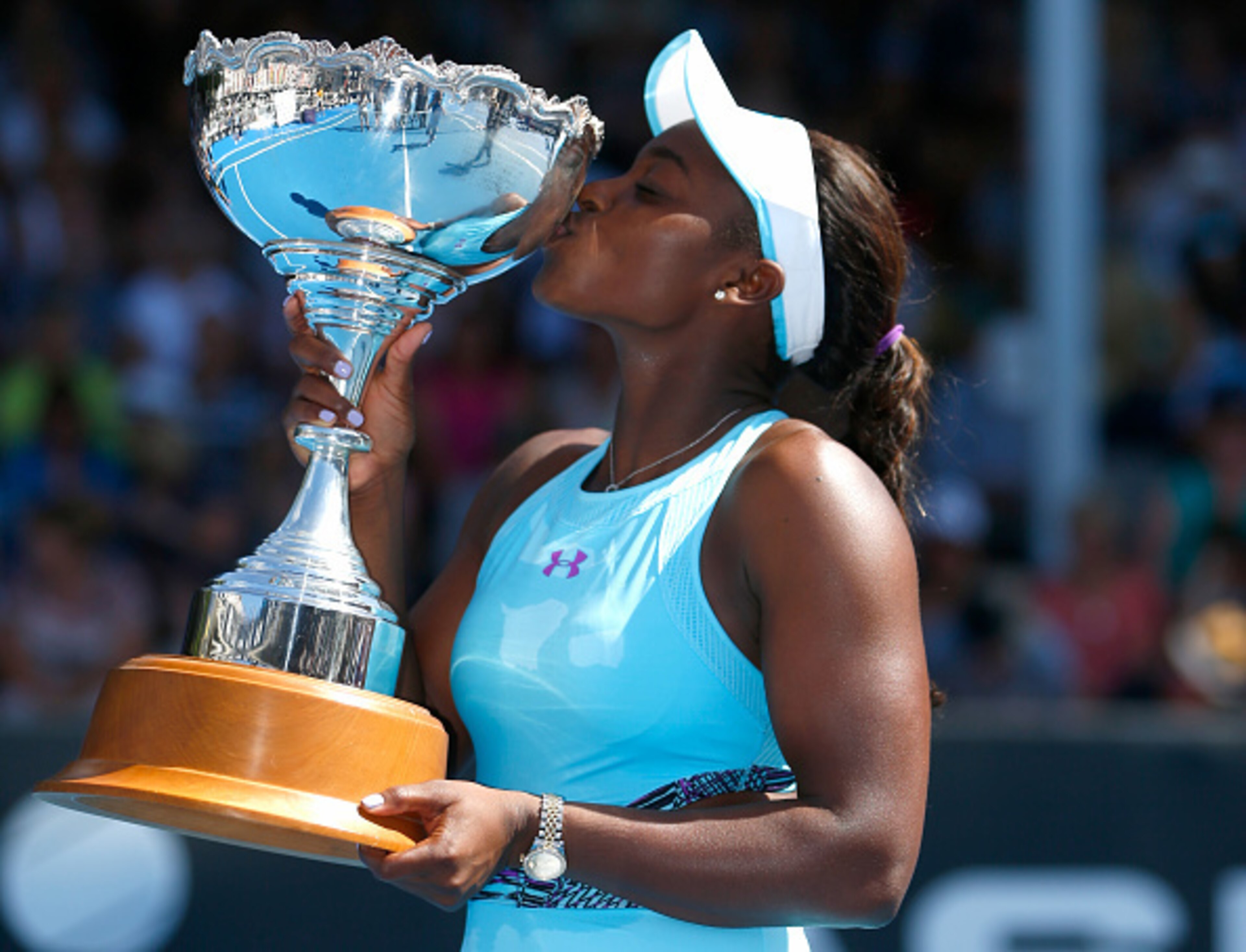 Sloane Stephens kisses the winning trophy after capturing the title at the ASB Classic in Auckland, New Zealand.