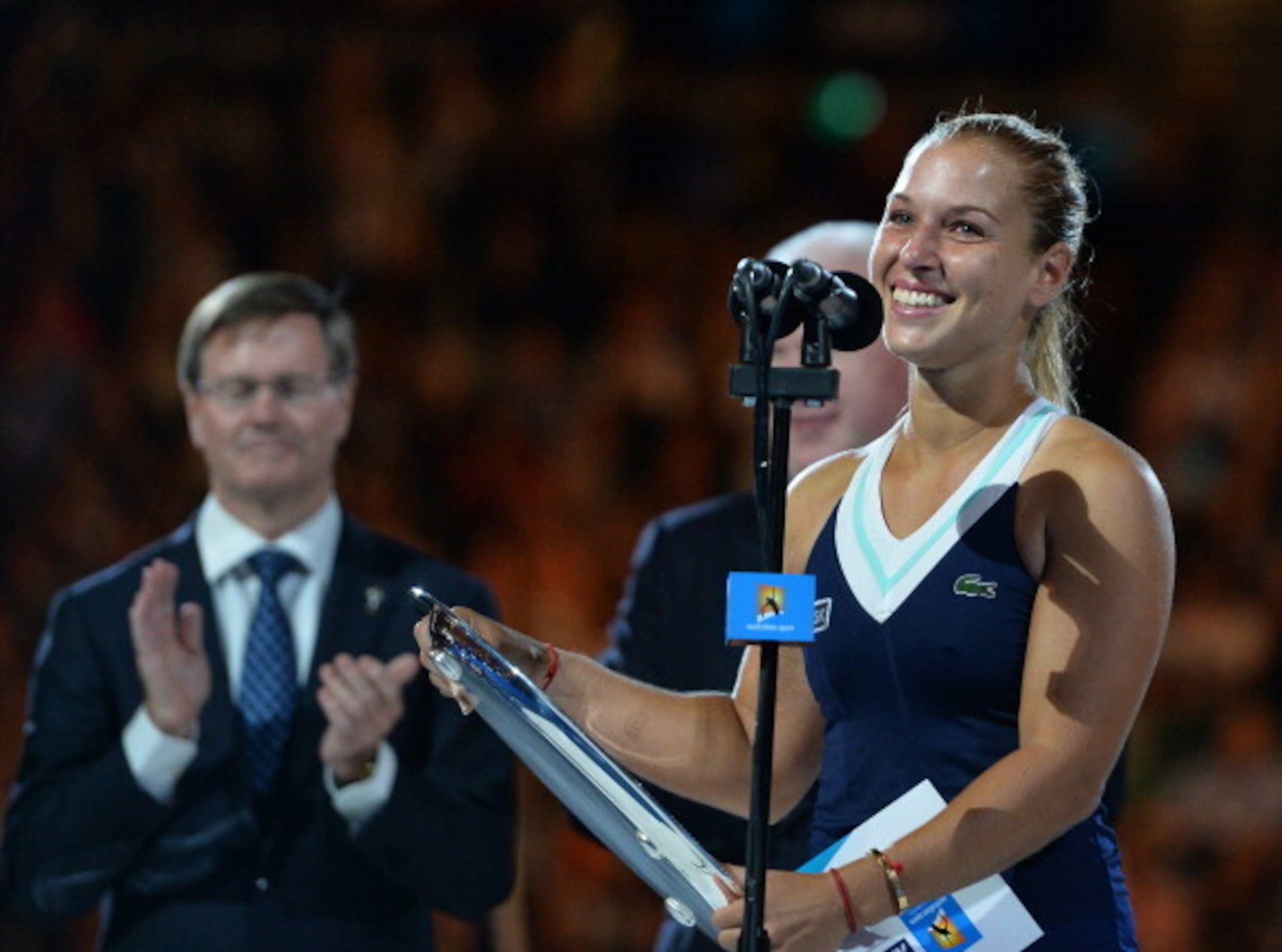 Dominika Cibulkova addresses the crowd after finishing runner up at the 2014 Australian Open.