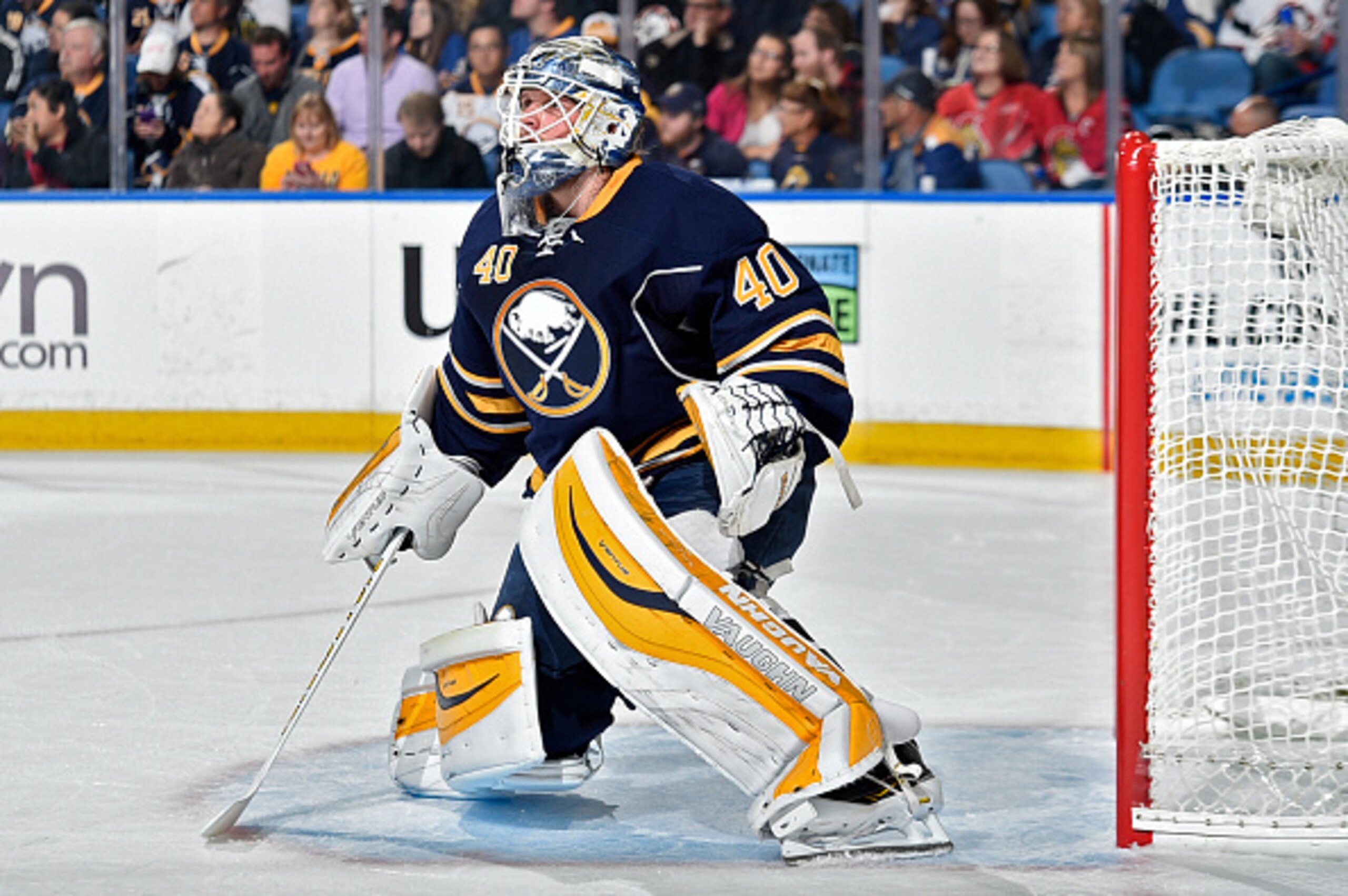 BUFFALO, NY - OCTOBER 8: Robin Lehner #40 of the Buffalo Sabres tends net during the game against the Ottawa Senators at the First Niagara Center on October 8, 2015 in Buffalo, New York. (Photo by Tom Brenner/ Getty Images)