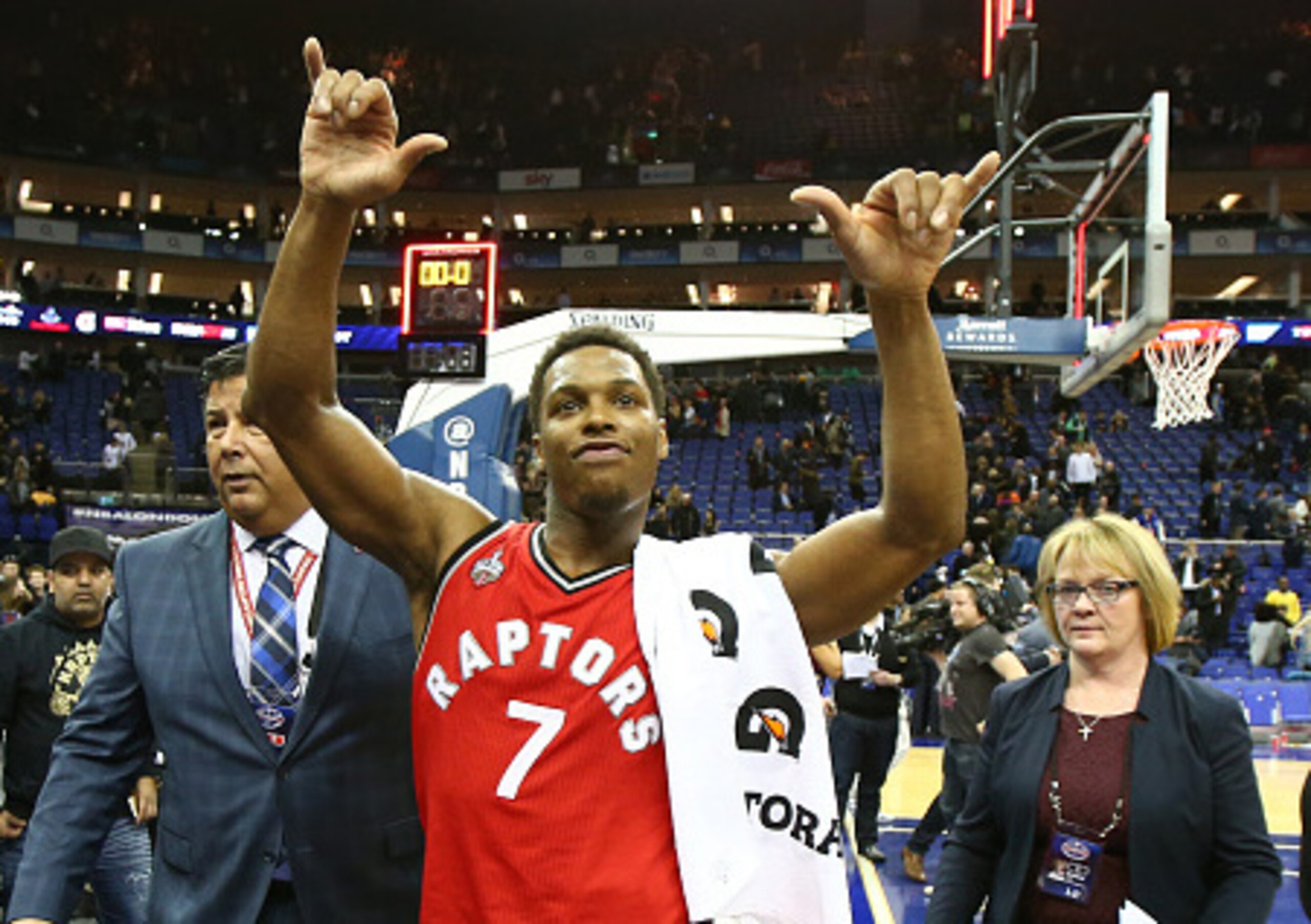 Kyle Lowry with a traditional UK post-win gesture...I think.