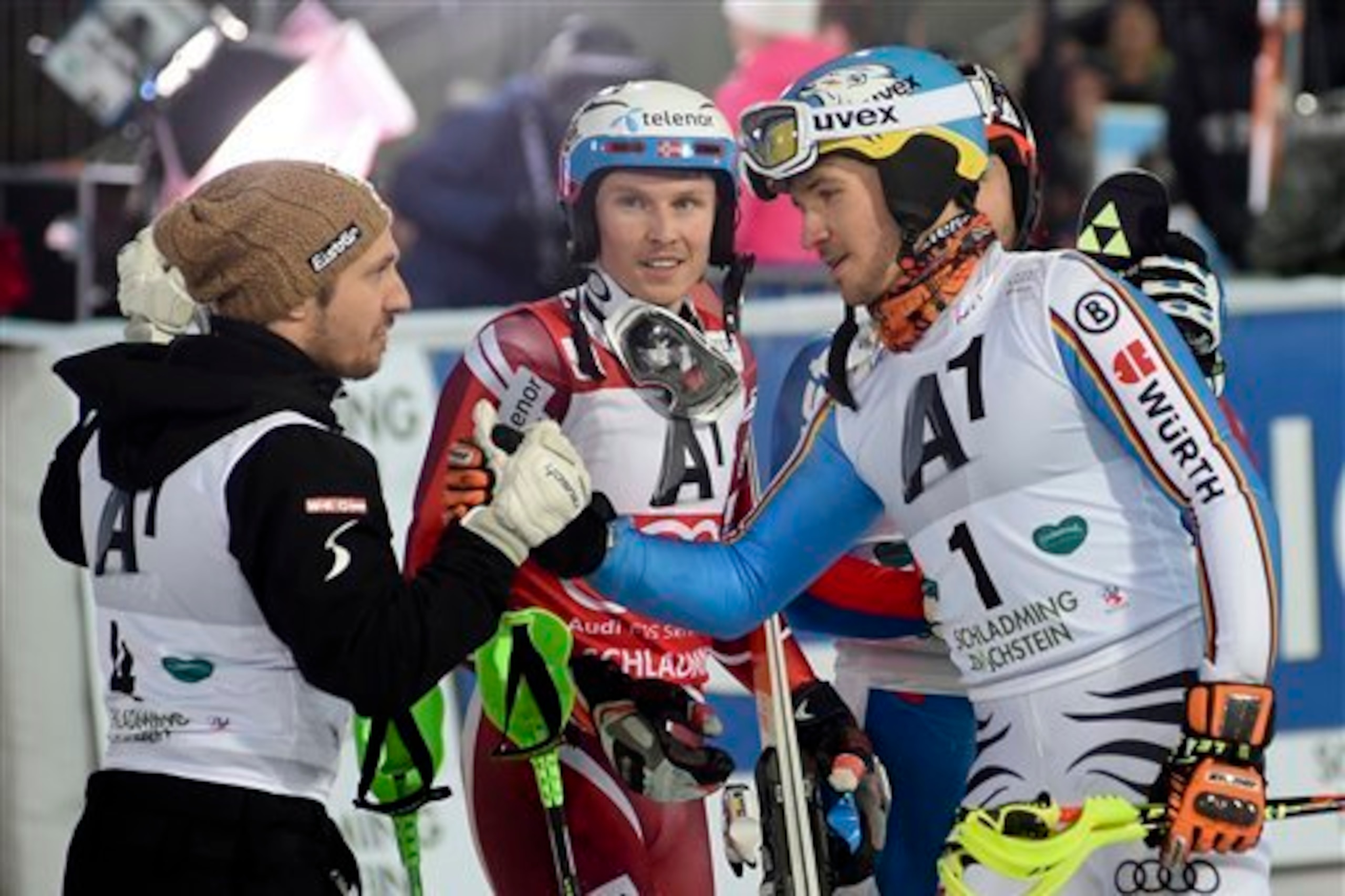 Kristoffersen's second run in Schladming put him ahead of Marcel Hirscher (left) and suitably upped the pressure on first-run leader Felix Neureuther (right). The German was unable to finish his second.
