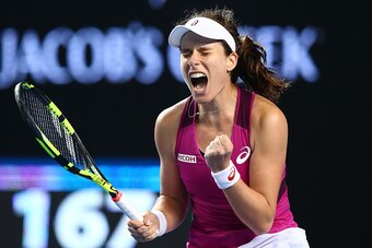 Konta celebrates during an early-round victory.