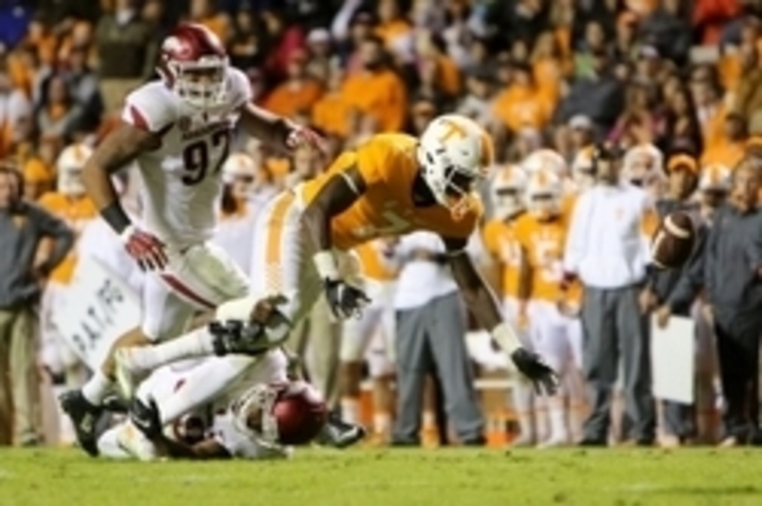 Oct 3, 2015; Knoxville, TN, USA; Tennessee Volunteers wide receiver Preston Williams (7) fumbles the ball against the Arkansas Razorbacks during the second half at Neyland Stadium. Mandatory Credit: Randy Sartin-USA TODAY Sports