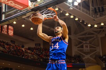 LUBBOCK, TX - JANUARY 09: Perry Ellis #34 of the Kansas Jayhawks dunks the basketball during the game against the Texas Tech Red Raiders on January 09, 2016 at United Supermarkets Arena in Lubbock, Texas. (Photo by John Weast/Getty Images)