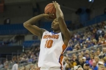 Jan 19, 2016; Gainesville, FL, USA; Florida Gators forward Dorian Finney-Smith (10) takes a shot against the Mississippi State Bulldogs in the first half at Stephen C. O'Connell Center. Mandatory Credit: Logan Bowles-USA TODAY Sports