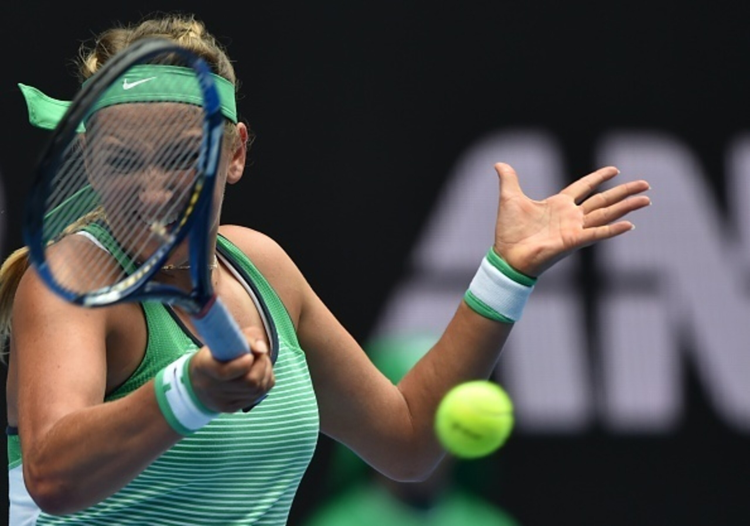 Victoria Azarenka hits a forehand during a match at the 2016 Australian Open.
