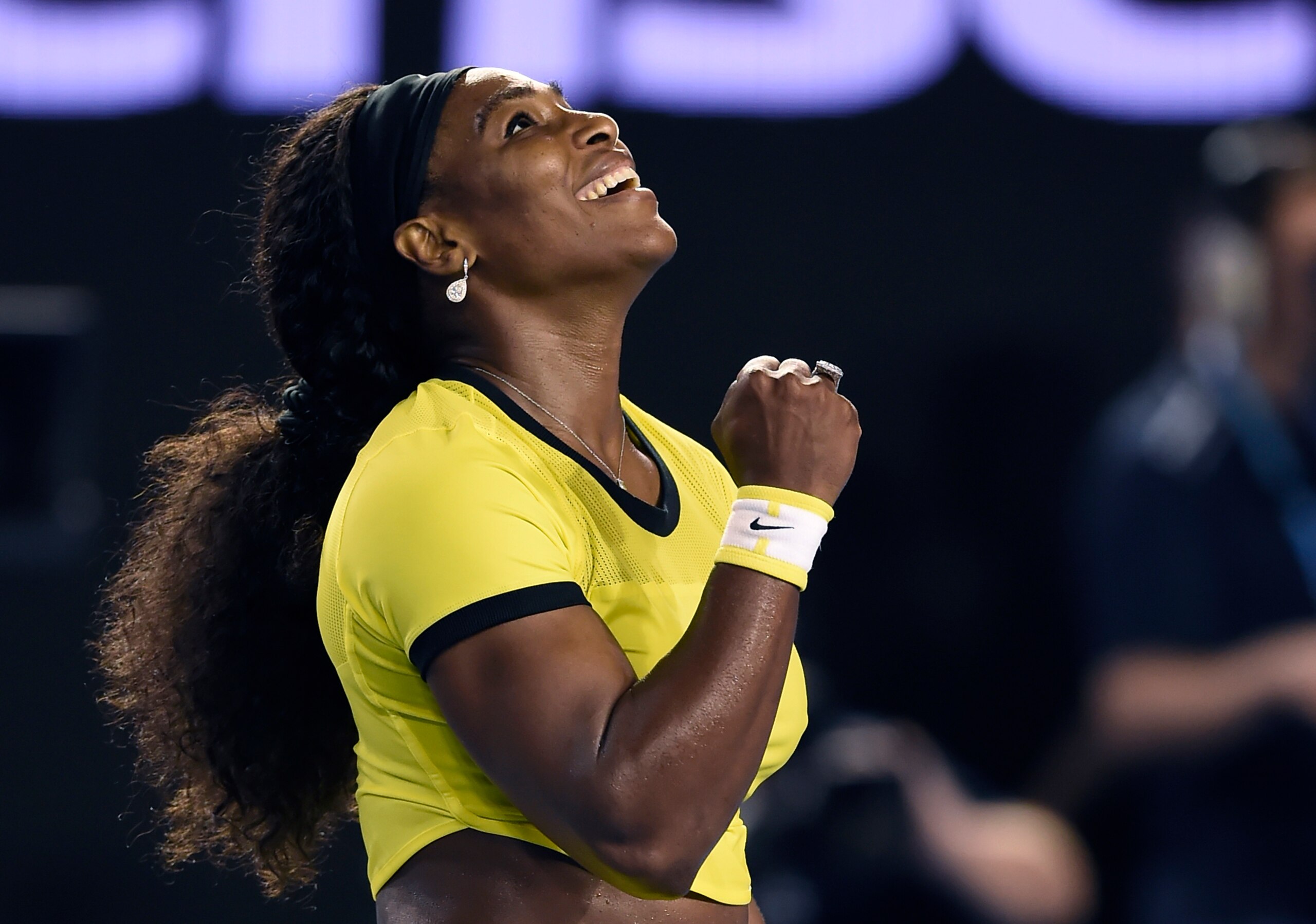 Serena Williams celebrates semifinals win at the 2016 Australian Open.