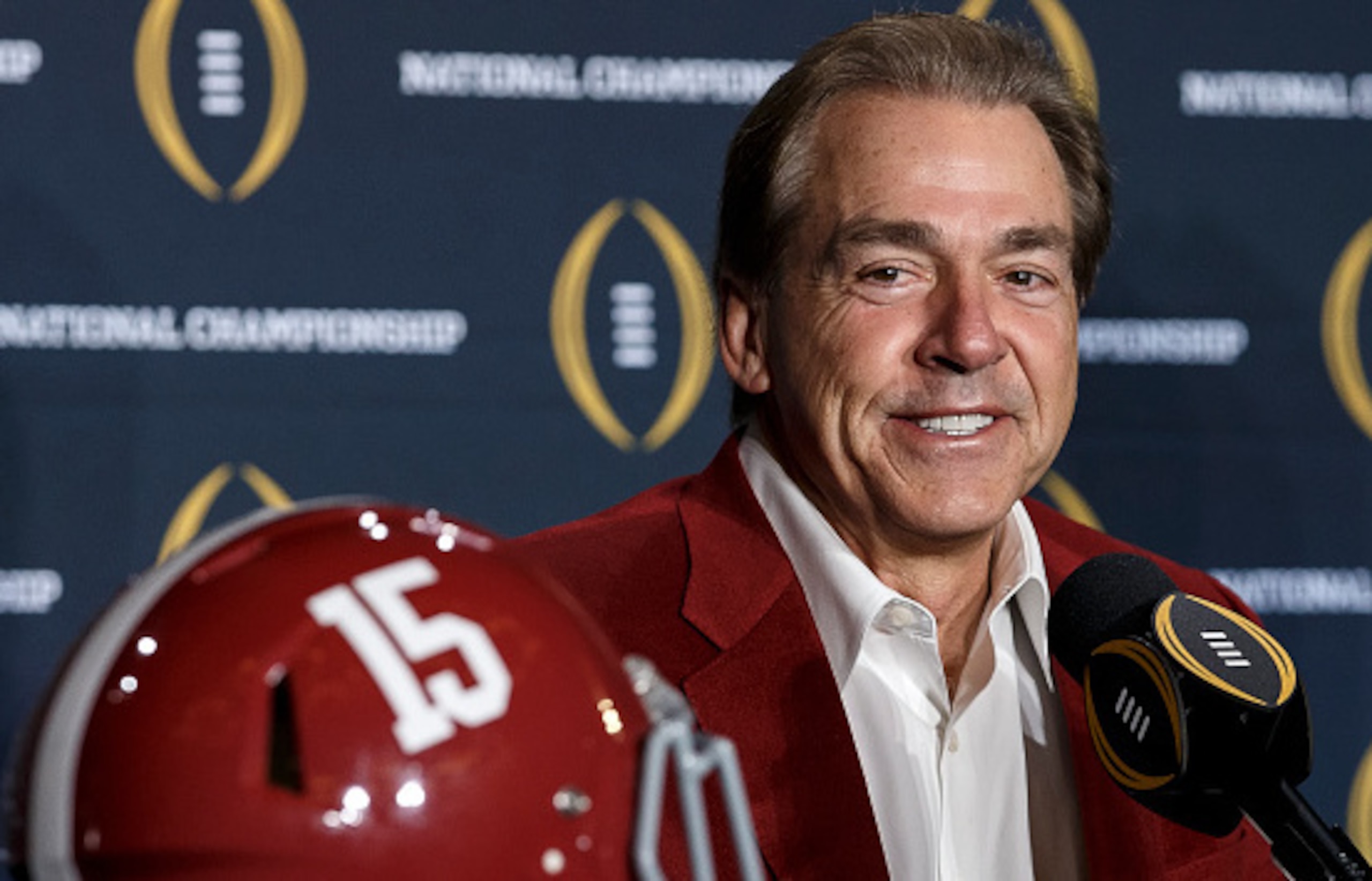 Alabama's going to need a new helmet for press conferences after winning its 16th national championship.