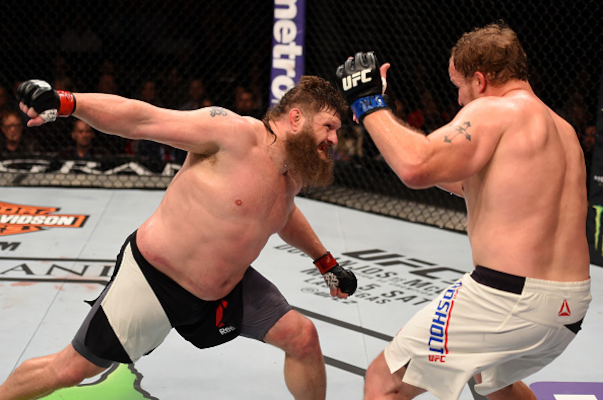 Roy Nelson wings a punch at Jared Rosholt. Roy Nelson wings a punch at Jared Rosholt.