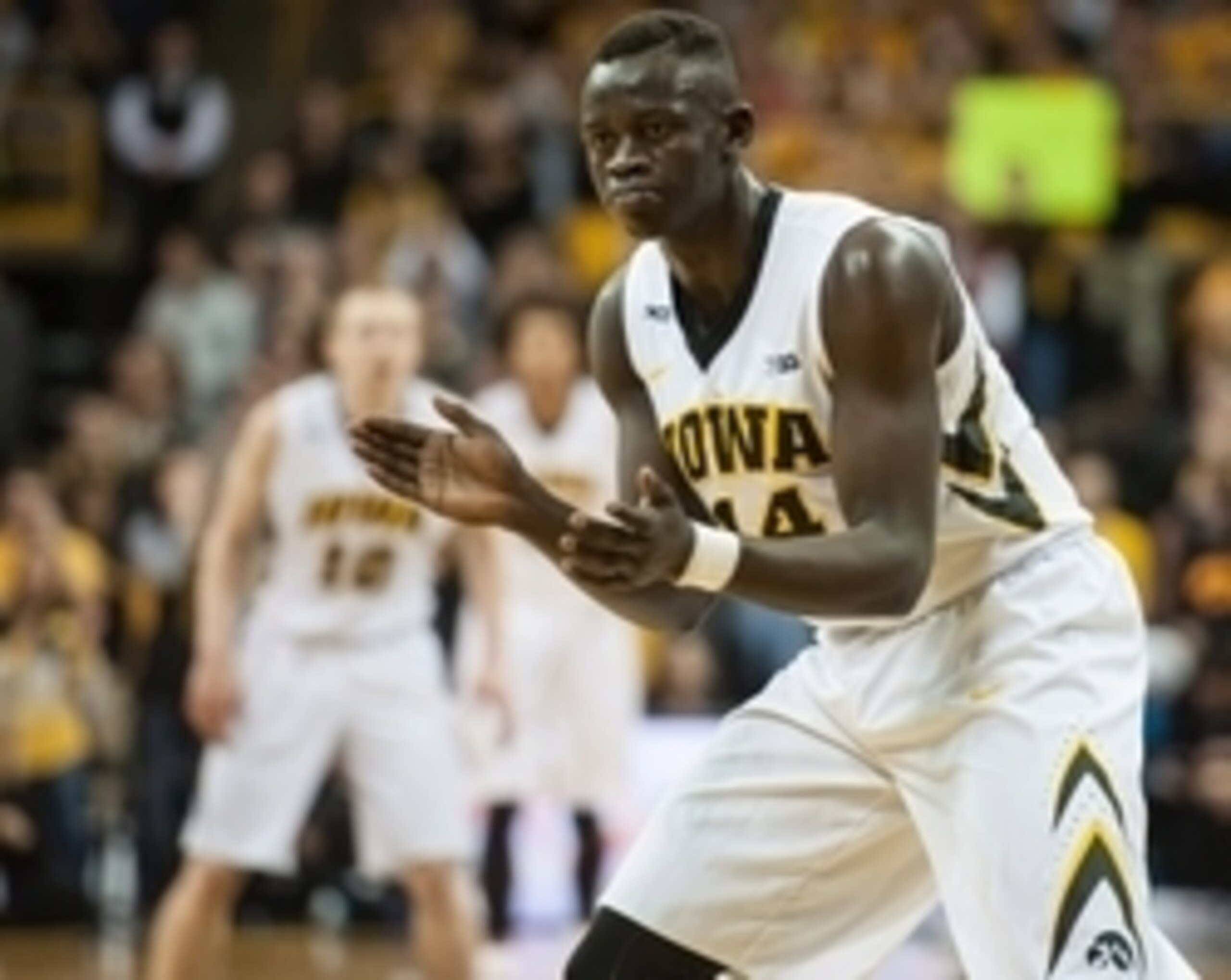 Jan 31, 2016; Iowa City, IA, USA; Iowa Hawkeyes guard Peter Jok (14) celebrates after scoring a three point shot during the second half against the Northwestern Wildcats at Carver-Hawkeye Arena. The Hawkeyes won 85-71. Mandatory Credit: Jeffrey Becker-USA Jan 31, 2016; Iowa City, IA, USA; Iowa Hawkeyes guard Peter Jok (14) celebrates after scoring a three point shot during the second half against the Northwestern Wildcats at Carver-Hawkeye Arena. The Hawkeyes won 85-71. Mandatory Credit: Jeffrey Becker-USA