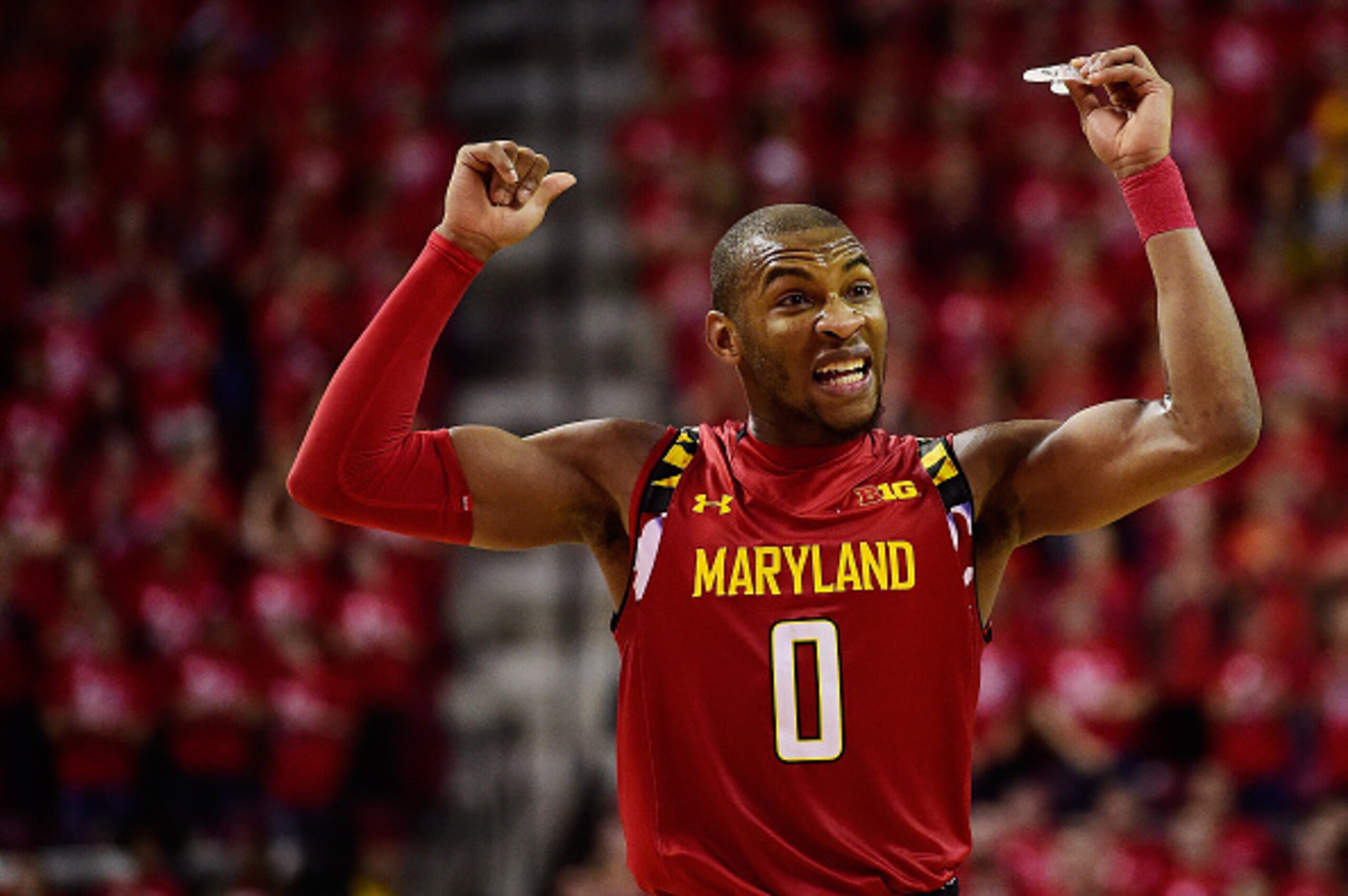 COLLEGE PARK, MD - FEBRUARY 06: Rasheed Sulaimon #0 of the Maryland Terrapins reacts after a play in the second half during their game against the Purdue Boilermakers at Xfinity Center on February 6, 2016 in College Park, Maryland. The Maryland Terrapins COLLEGE PARK, MD - FEBRUARY 06: Rasheed Sulaimon #0 of the Maryland Terrapins reacts after a play in the second half during their game against the Purdue Boilermakers at Xfinity Center on February 6, 2016 in College Park, Maryland. The Maryland Terrapins