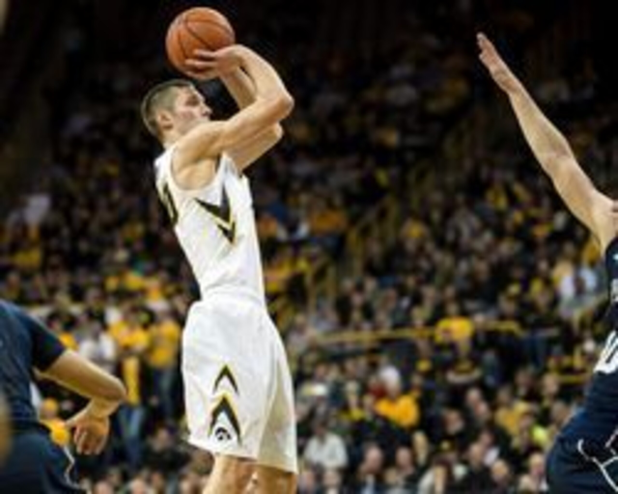 Feb 3, 2016; Iowa City, IA, USA; Iowa Hawkeyes forward Jarrod Uthoff (20) shoots the ball during the second half against the Penn State Nittany Lions at Carver-Hawkeye Arena. Iowa won 73-49. Mandatory Credit: Jeffrey Becker-USA TODAY Sports