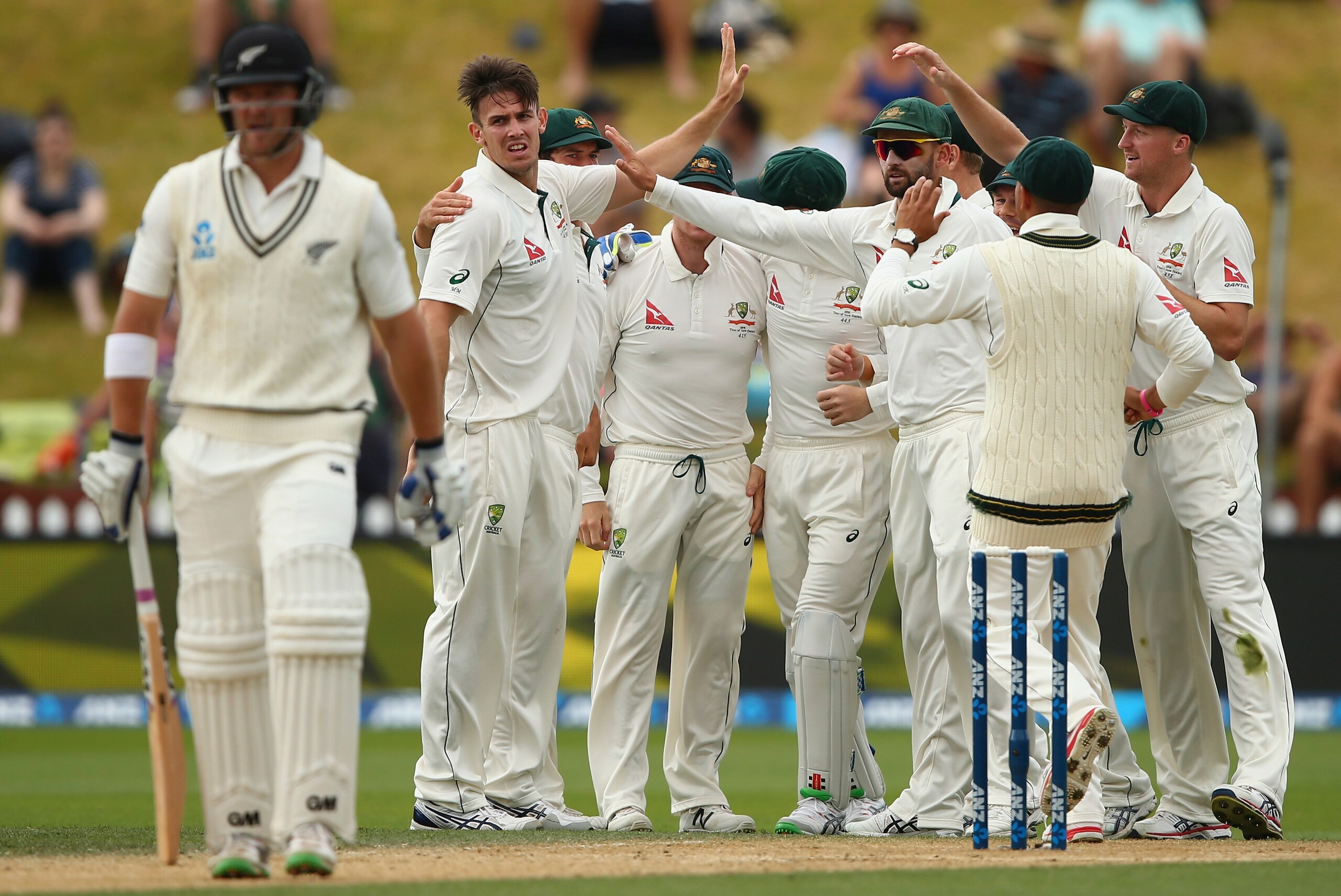 Australia celebrate a wicket early on Day 4 in Wellington, New Zealand.