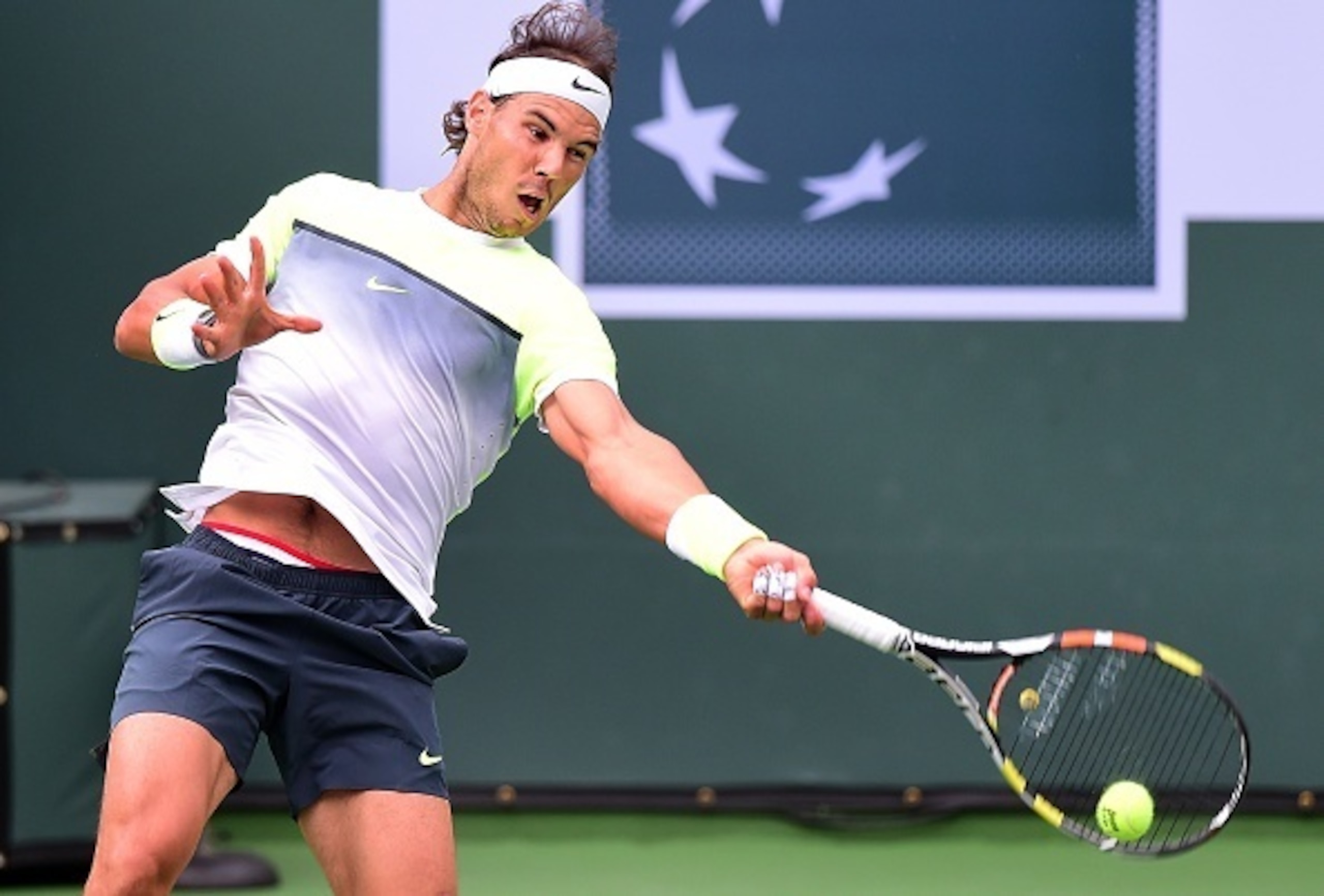 Rafael Nadal hits a forehand during the 2015 BNP Paribas Open at Indian Wells.