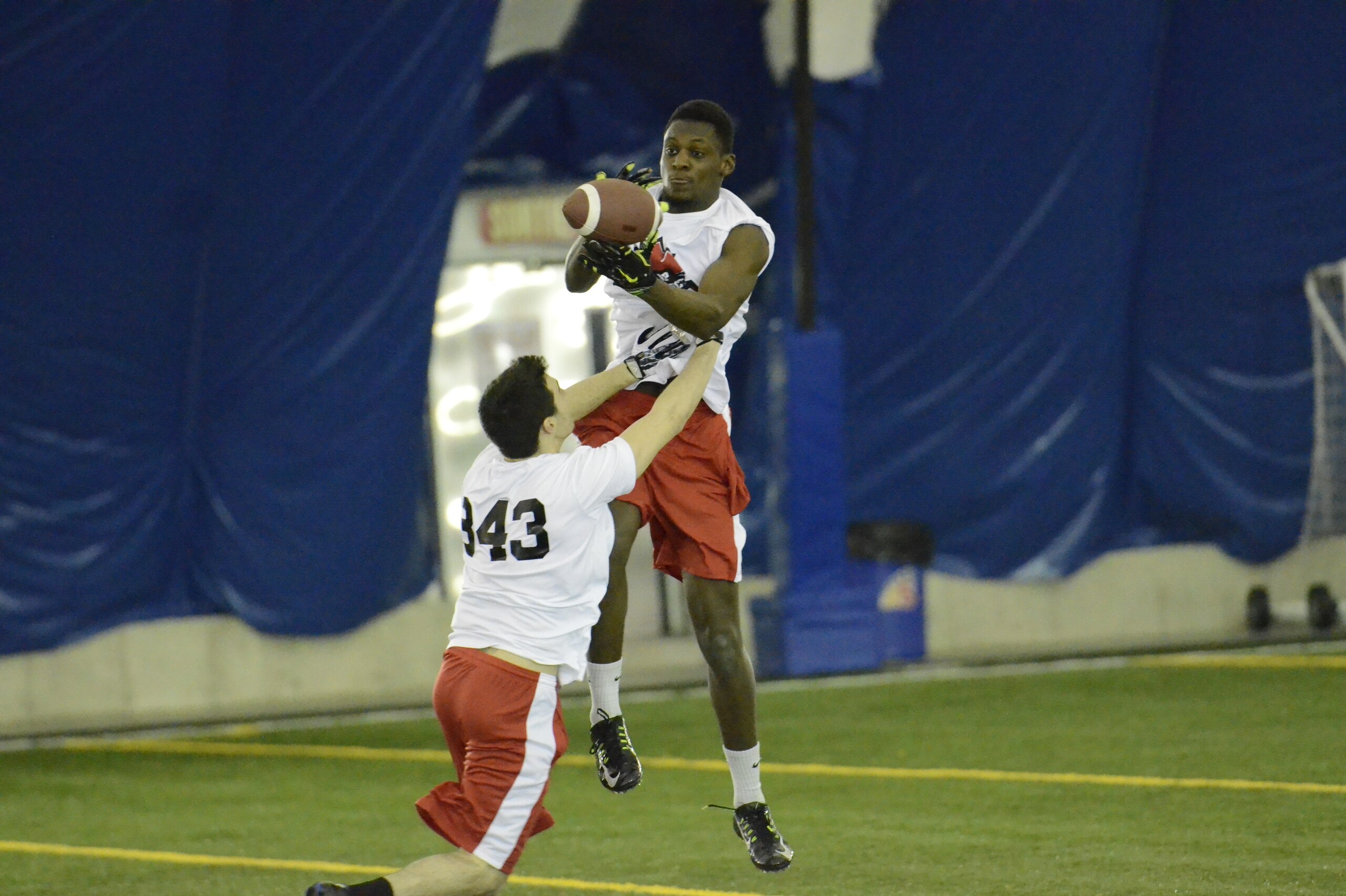 WR Etienne Talanga pulled down several acrobatic receptions during camp competition in Montreal.