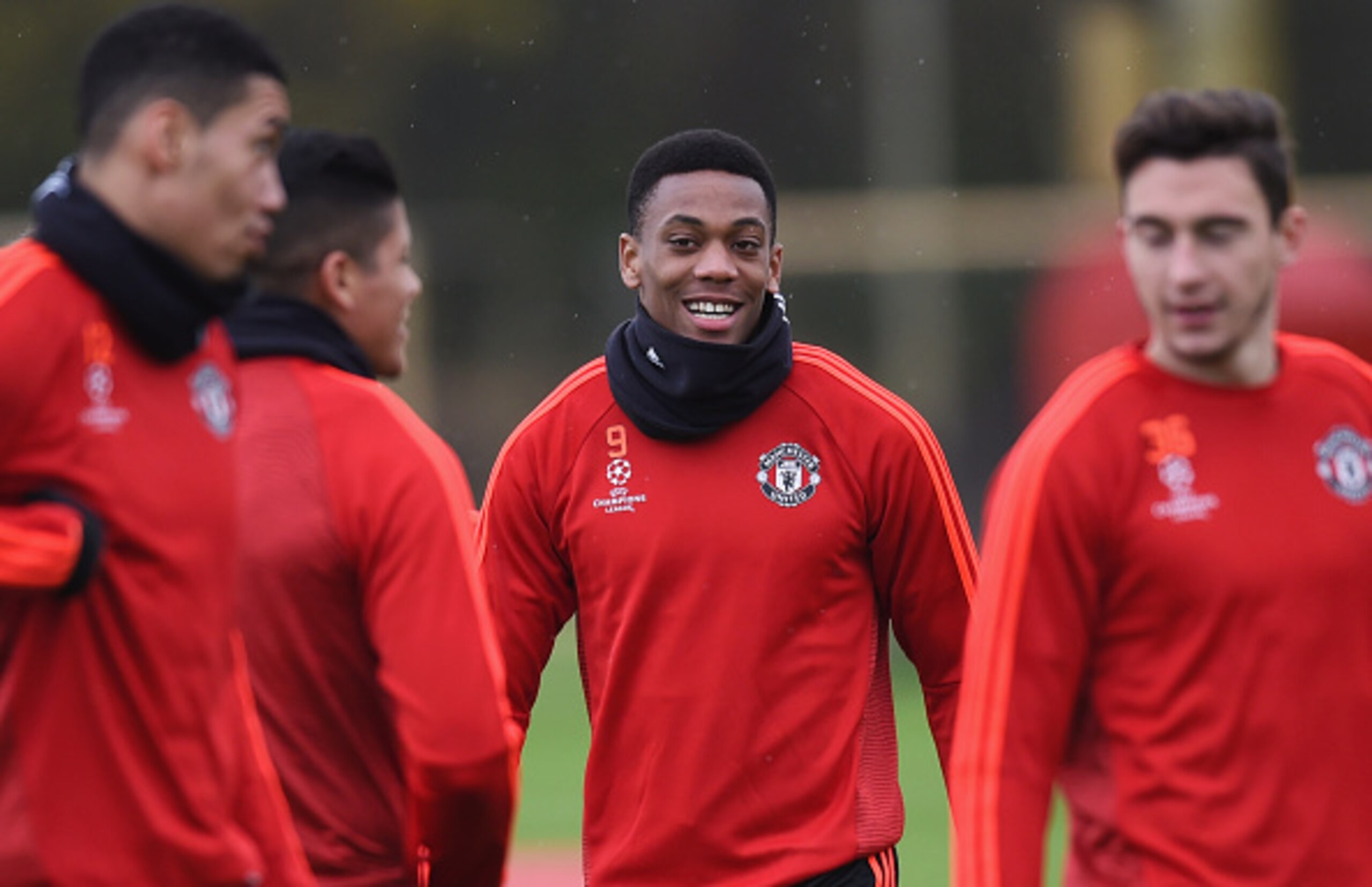 Chris Smalling, Marcos Rojo, Anthony Martial and Matteo Darmian share a laugh in training.