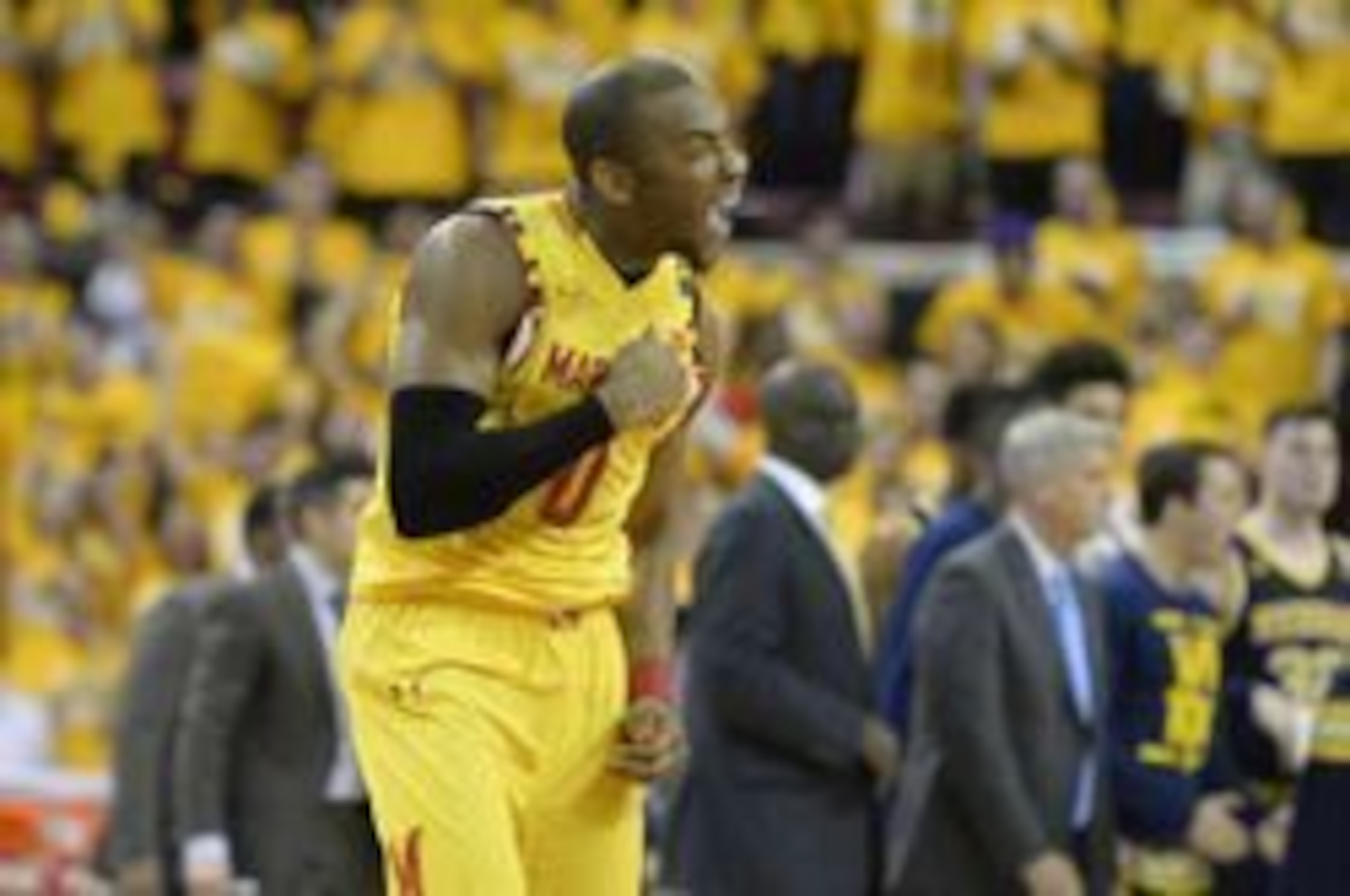 Feb 21, 2016; College Park, MD, USA; Maryland Terrapins guard Rasheed Sulaimon (0) celebrates after a play during the first half against the Michigan Wolverines at Xfinity Center. Mandatory Credit: Tommy Gilligan-USA TODAY Sports