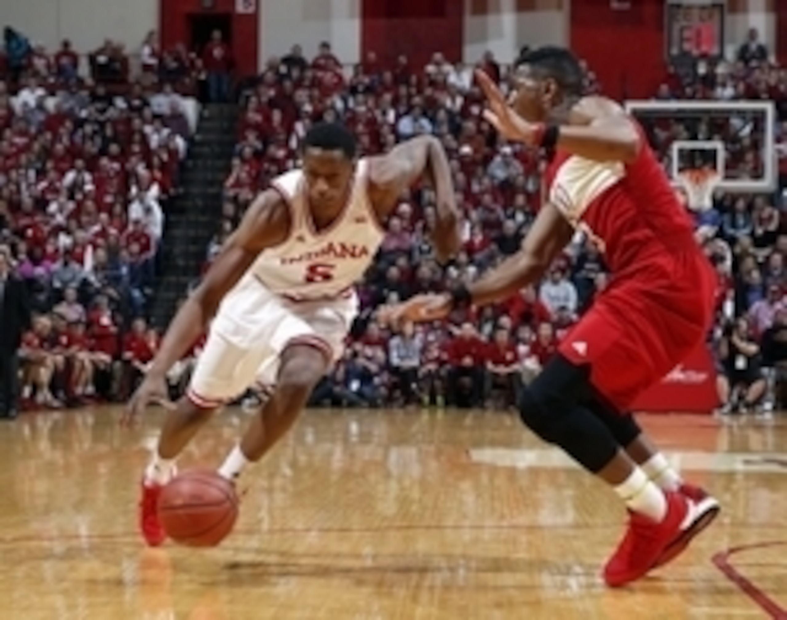 Feb 17, 2016; Bloomington, IN, USA; Indiana Hoosiers forward Troy Williams (5) drives to the basket against the Nebraska Cornhuskers at Assembly Hall. Mandatory Credit: Brian Spurlock-USA TODAY Sports