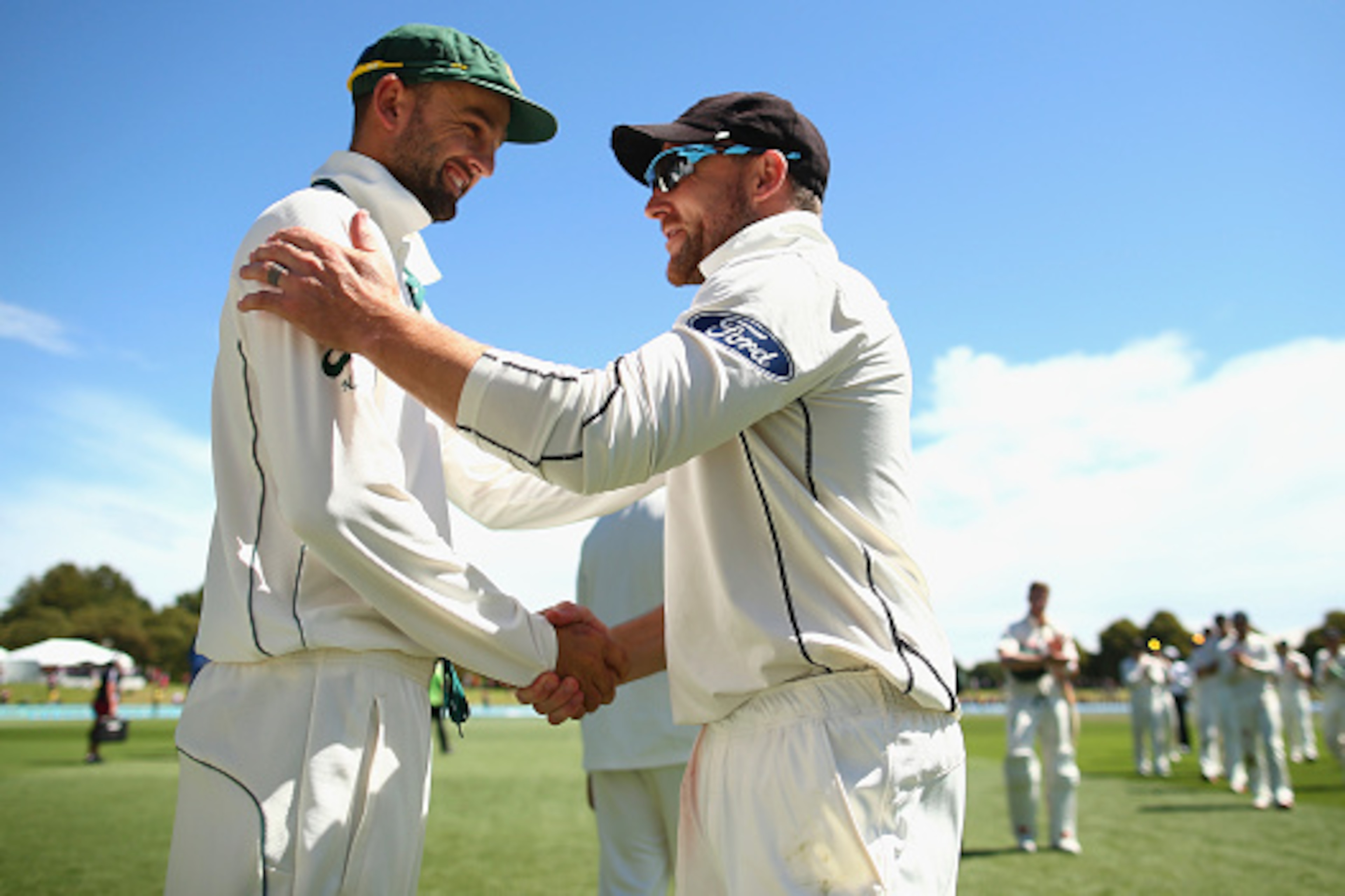 Brendon McCullum (right) shakes the hand of Australia's Nathan Lyon after playing in his final Test. Brendon McCullum (right) shakes the hand of Australia's Nathan Lyon after playing in his final Test.