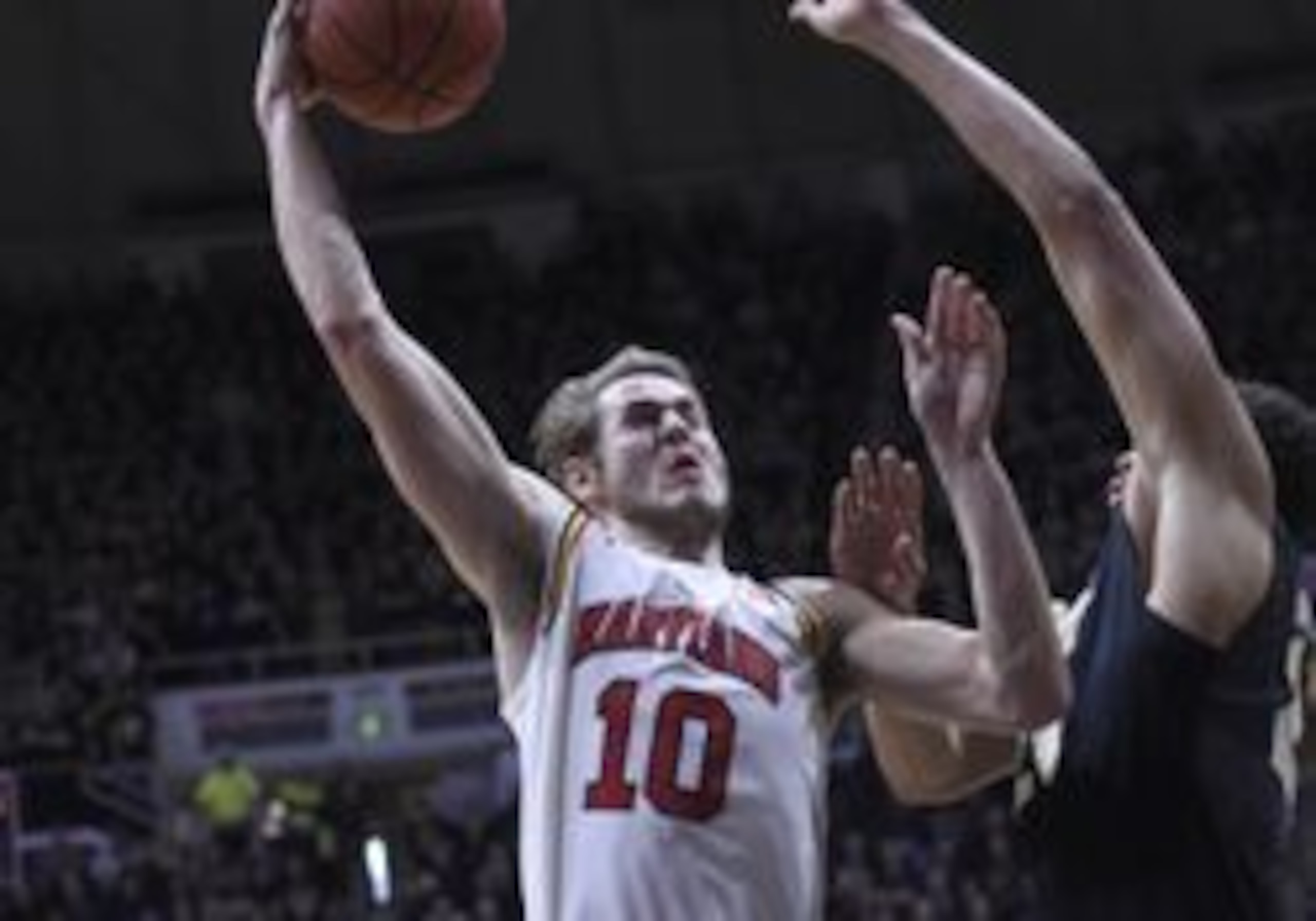 Feb 27, 2016; West Lafayette, IN, USA; Maryland Terrapins forward Jake Layman (10) drives on Purdue Boilermakers center A.J. Hammons (20) in the 2nd half at Mackey Arena. Purdue won the game 83-79. Mandatory Credit: Sandra Dukes-USA TODAY Sports