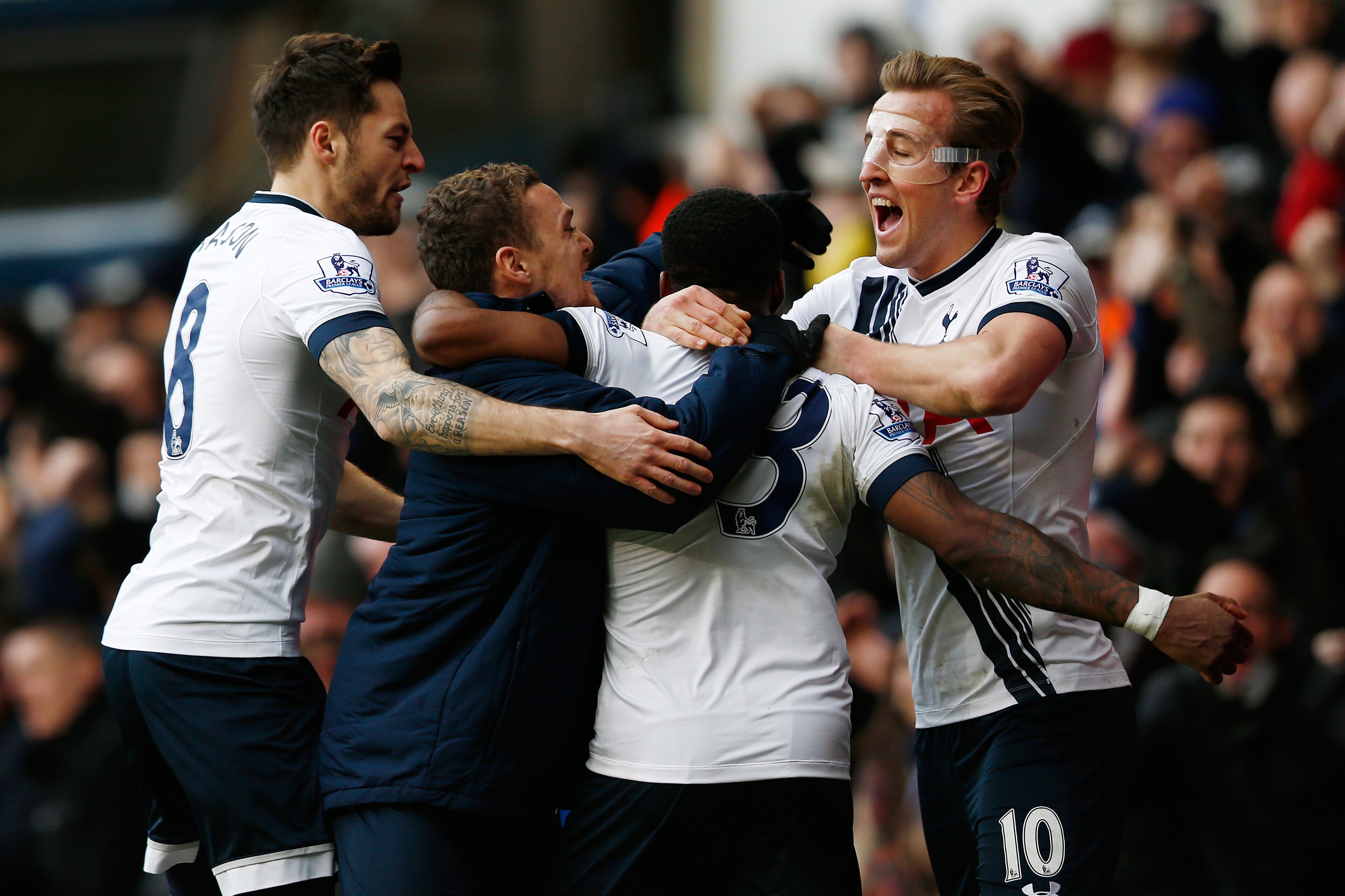 Tottenham's players celebrate with Danny Rose after his winning goal in the second half.
