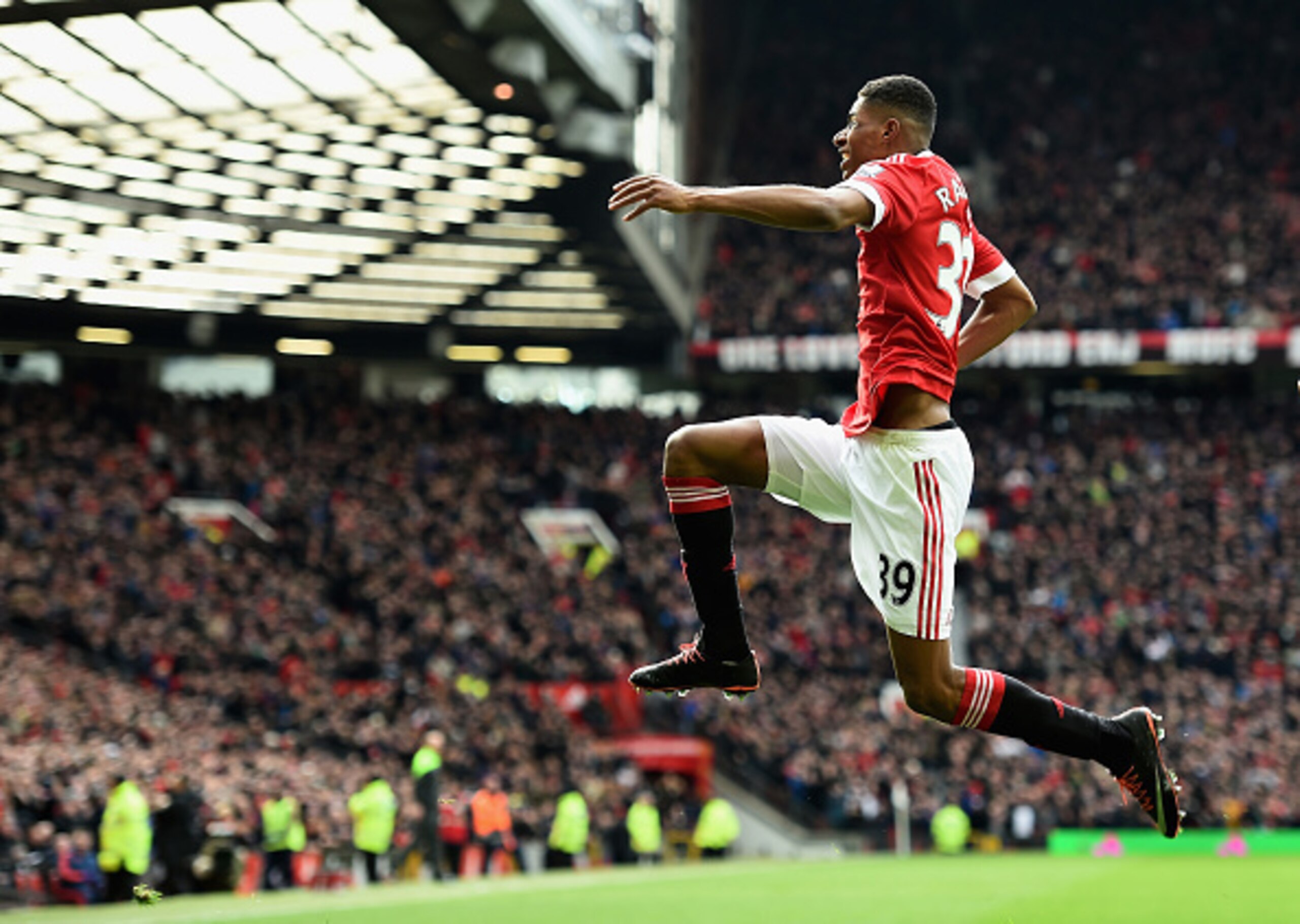 Rashford celebrates another Old Trafford goal. Rashford celebrates another Old Trafford goal.