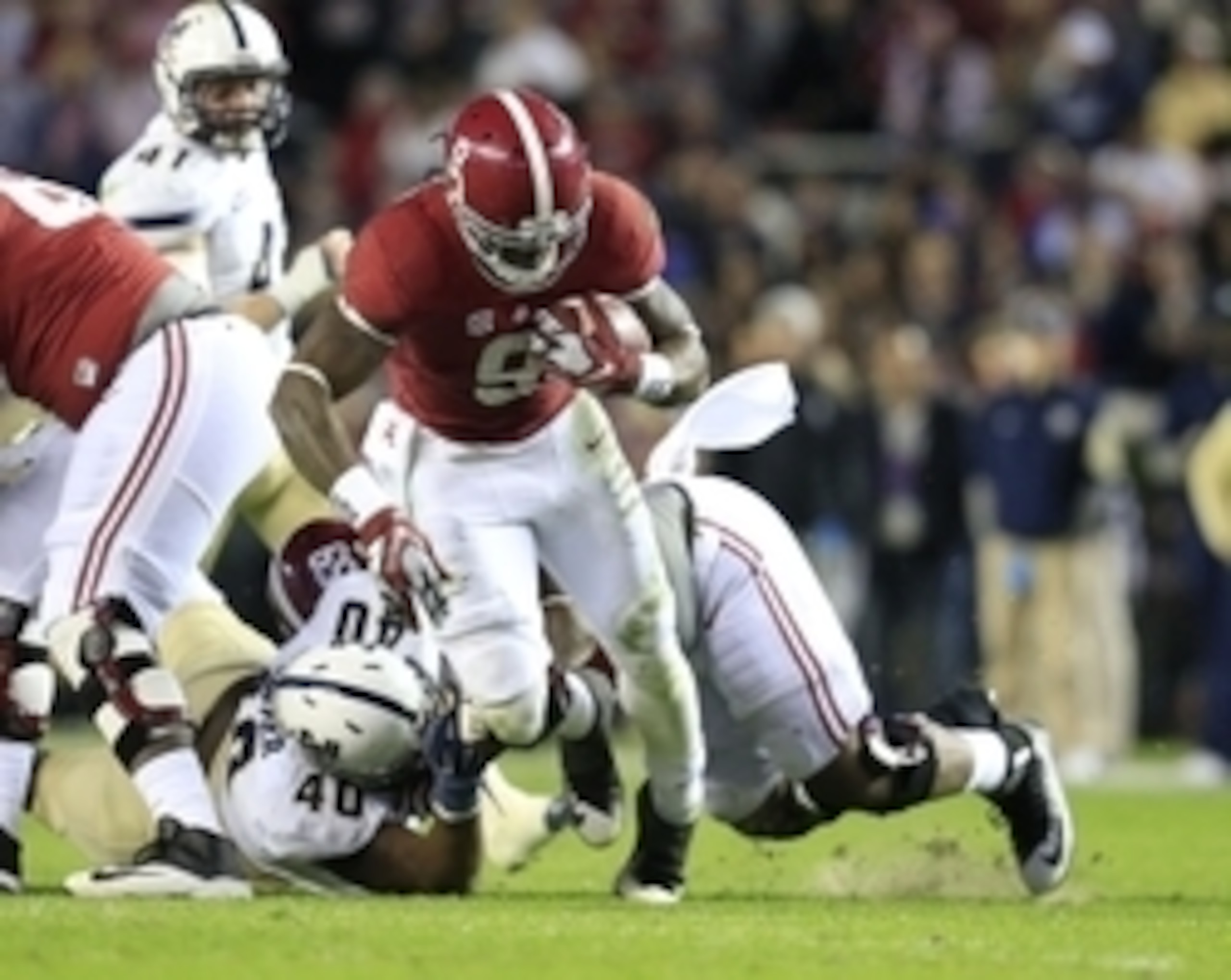 Nov 21, 2015; Tuscaloosa, AL, USA;  Alabama Crimson Tide running back Bo Scarbrough (9) carries the ball against the Charleston Southern Buccaneers at Bryant-Denny Stadium. Mandatory Credit: Marvin Gentry-USA TODAY Sports