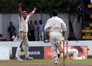 Shane Warne celebrates a wicket during a Test match against Sri Lanka.
