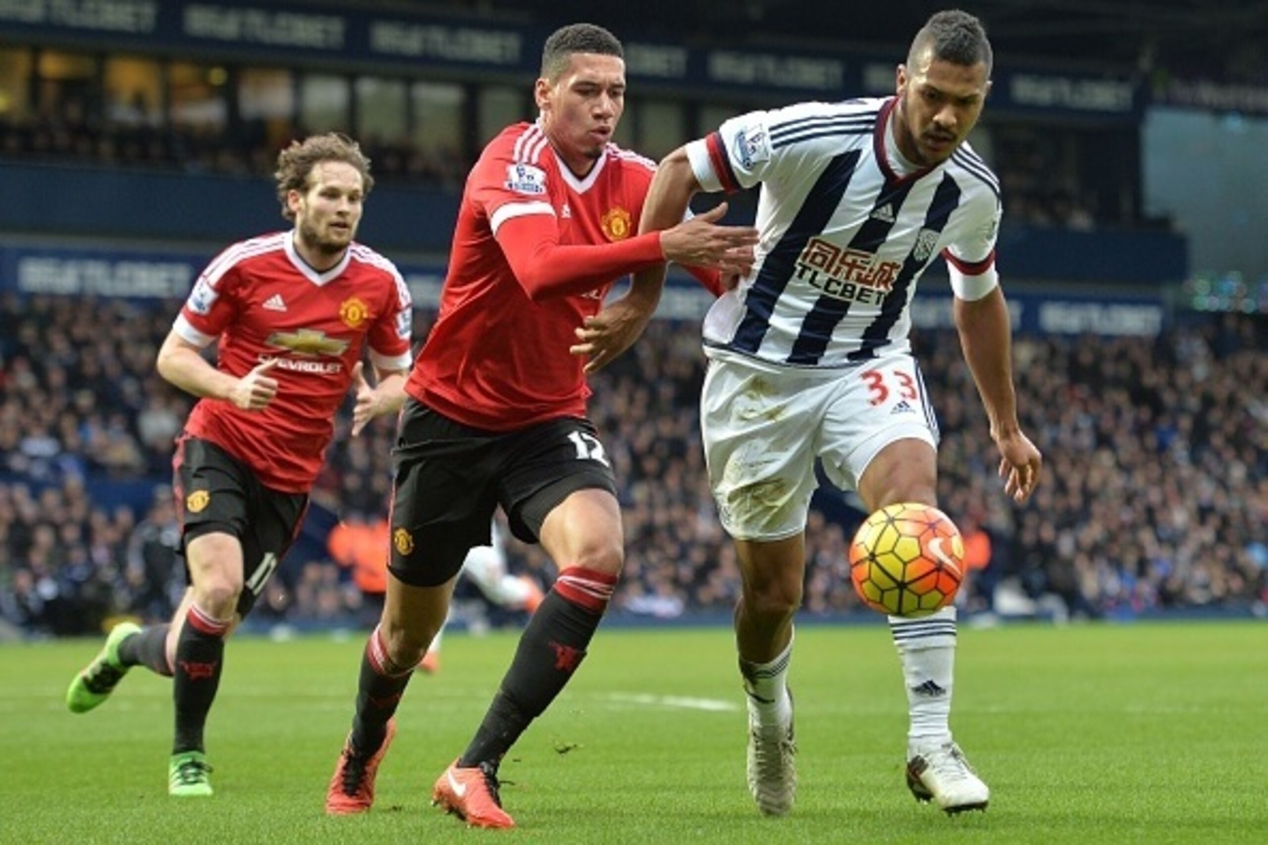 Chris Smalling challenges West Brom's goalscorer Jose Salomon Rondon at The Hawthorns.