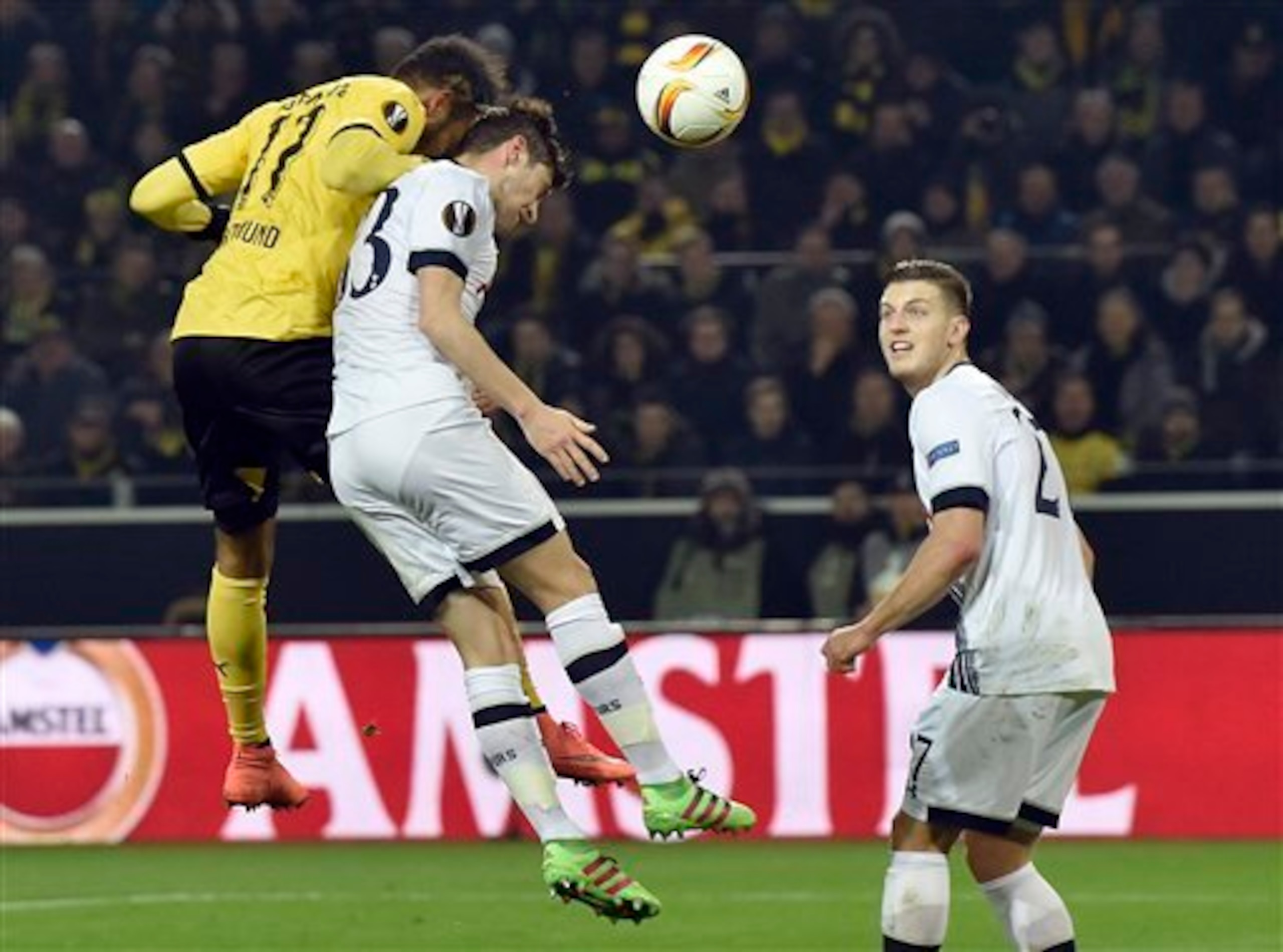 Pierre-Emerick Aubameyang heads Borussia Dortmund into a one-nil lead.