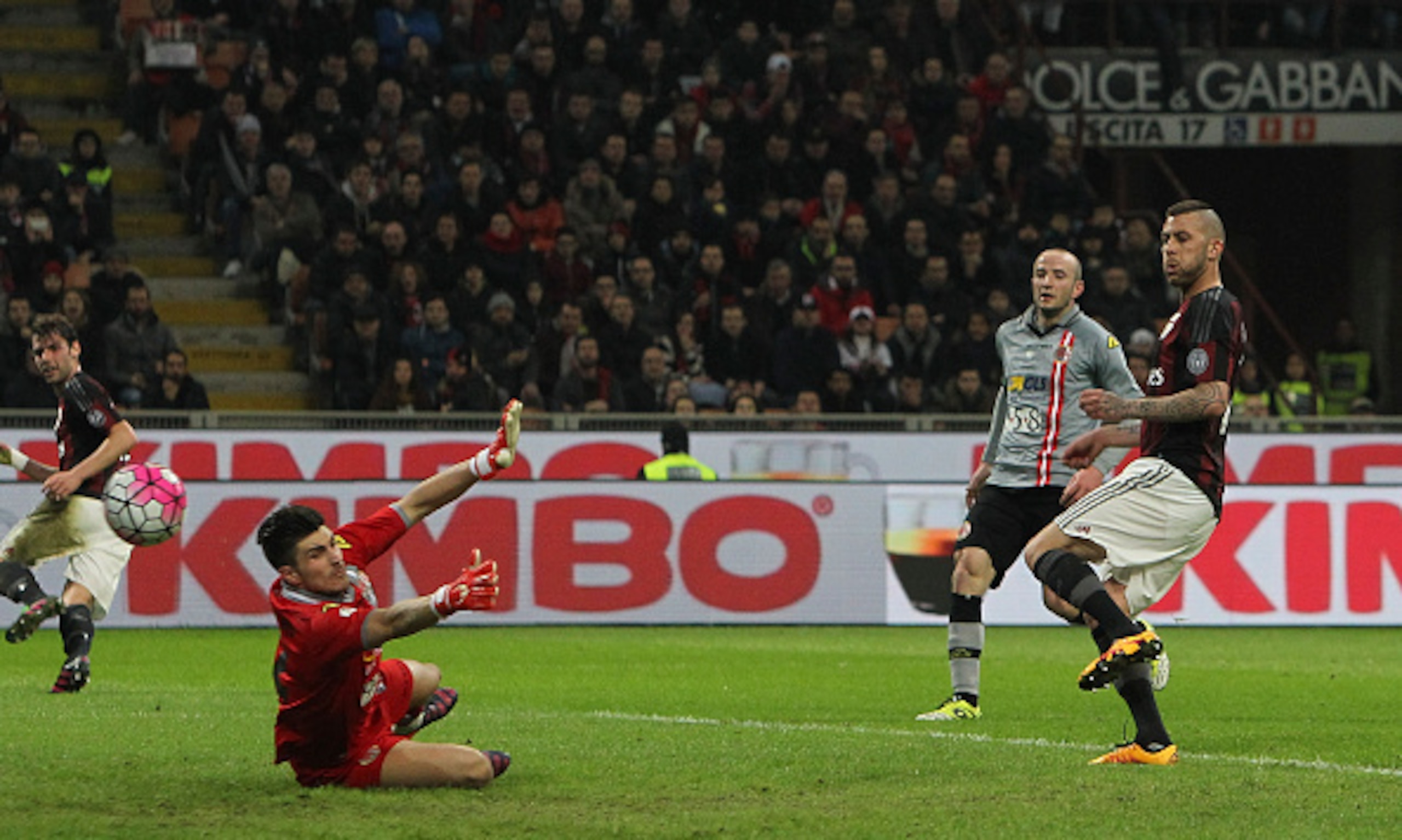 Menez buries one of his two goals against Alessandria. Menez buries one of his two goals against Alessandria.