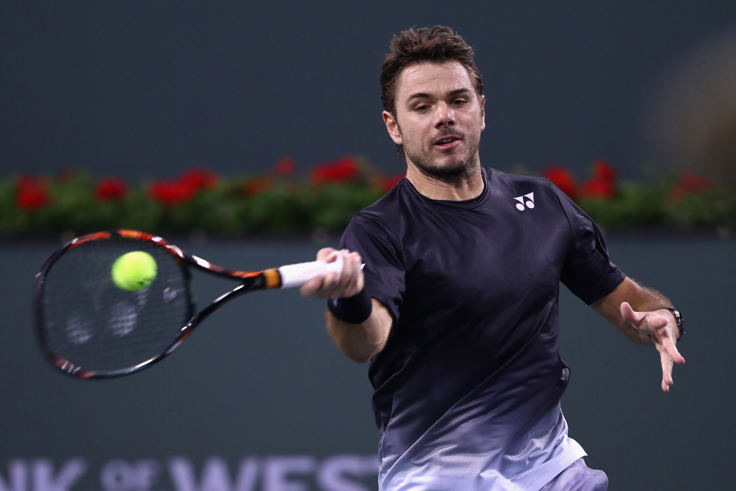 Stan Wawrinka hits a forehand during a match at the BNP Paribas Open at Indian Wells.