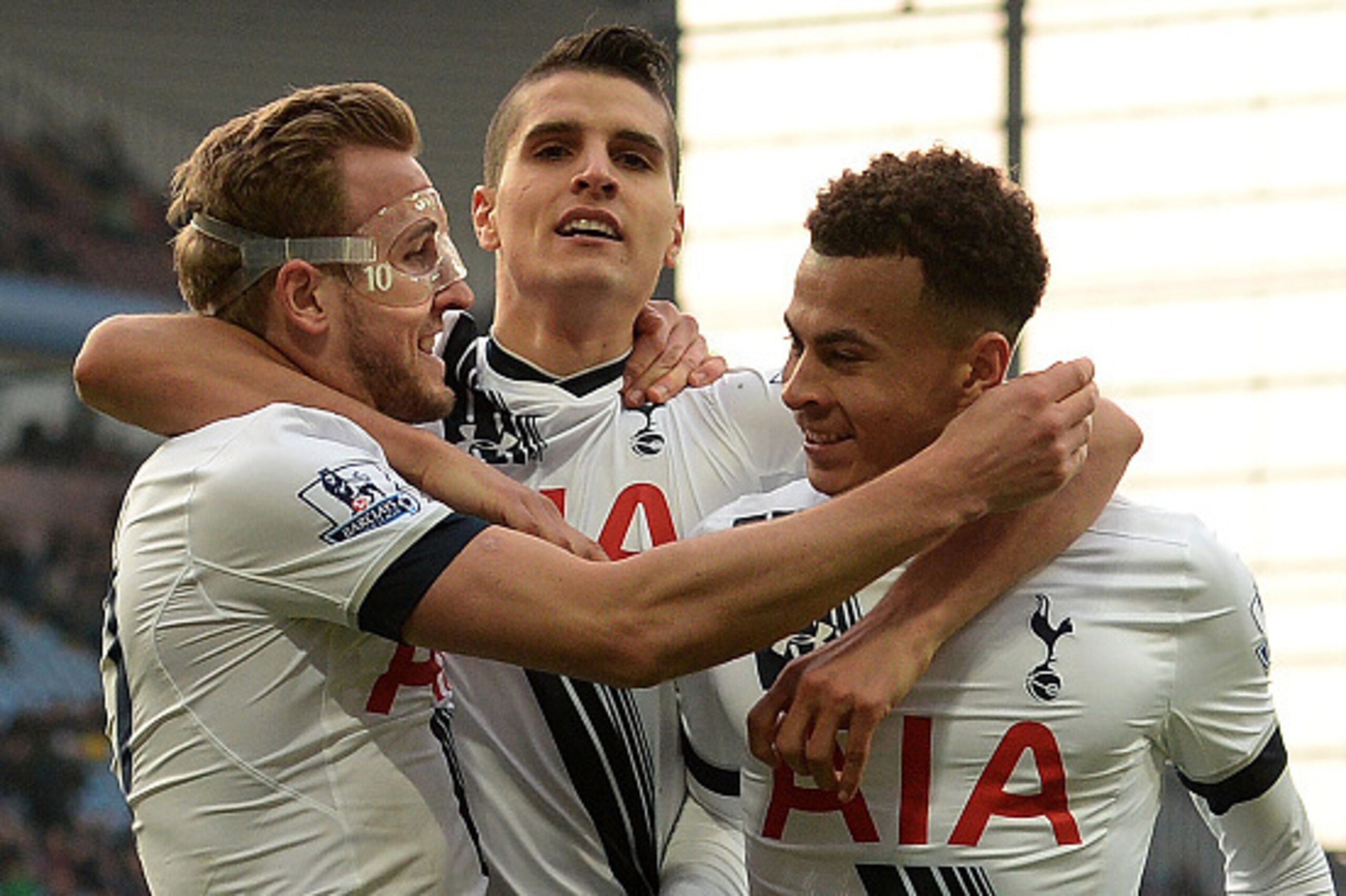 Tottenham's Harry Kane (left) celebrates scoring one of his two goals in the victory over Aston Villa.