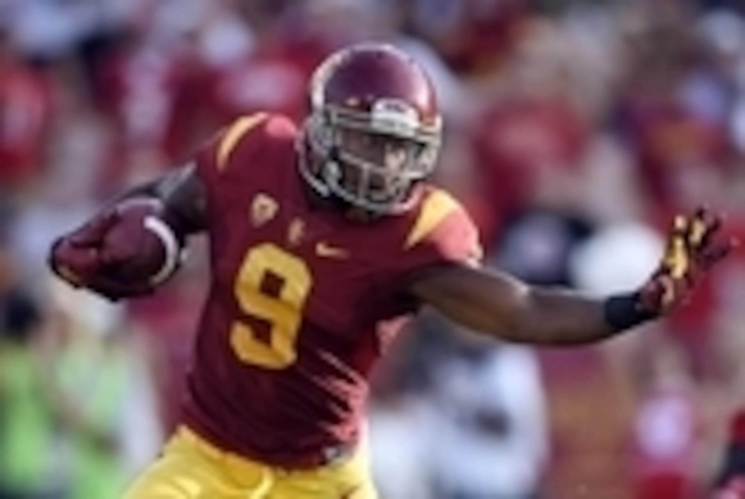 Oct 24, 2015; Los Angeles, CA, USA; Southern California wide receiver JuJu Smith-Schuster (9) runs back a kick off during the first quarter against the Utah Utes at Los Angeles Memorial Coliseum. Mandatory Credit: Kelvin Kuo-USA TODAY Sports Oct 24, 2015; Los Angeles, CA, USA; Southern California wide receiver JuJu Smith-Schuster (9) runs back a kick off during the first quarter against the Utah Utes at Los Angeles Memorial Coliseum. Mandatory Credit: Kelvin Kuo-USA TODAY Sports