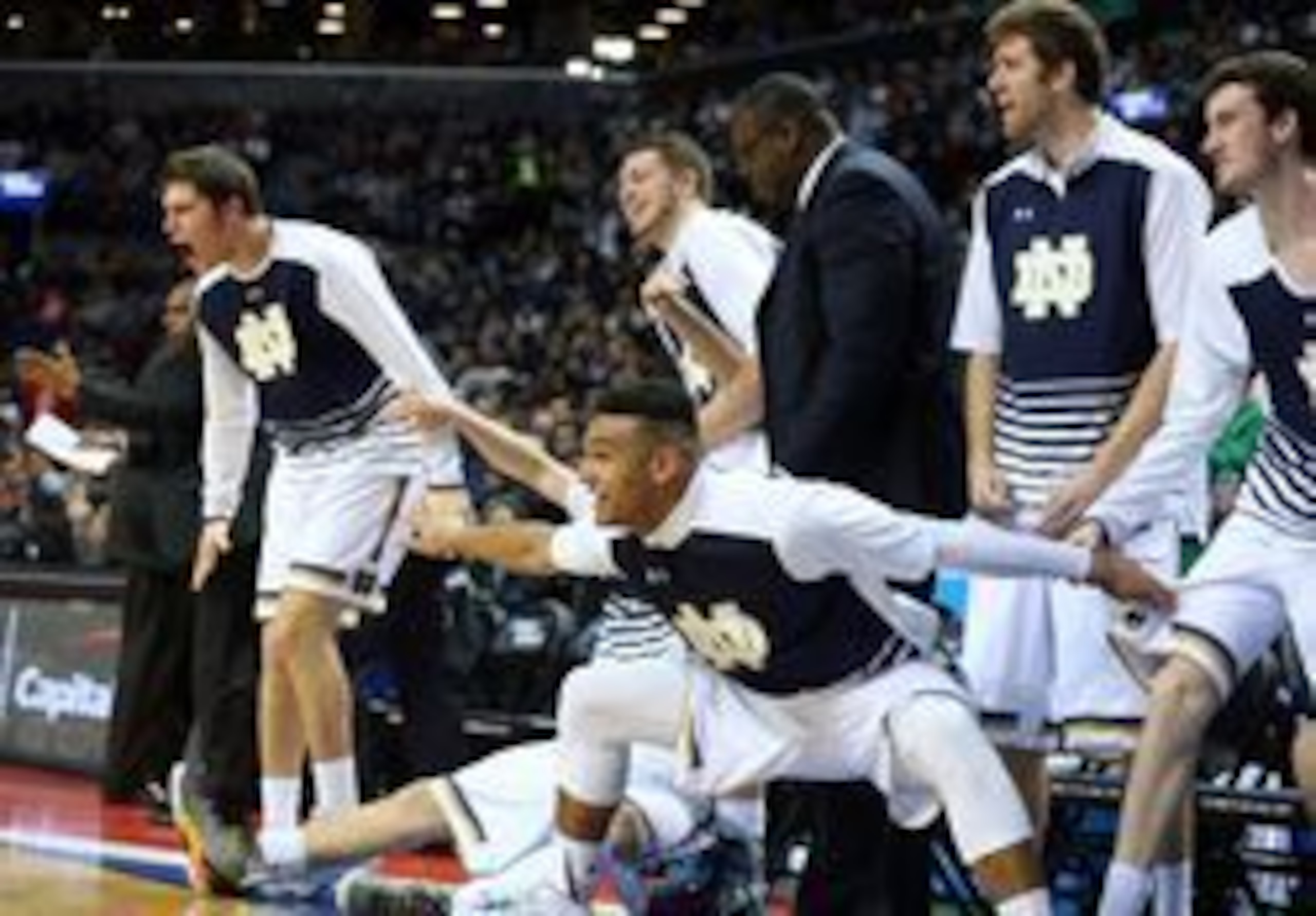 Notre Dame's bench celebrates a late bucket against Stephen F. Austin