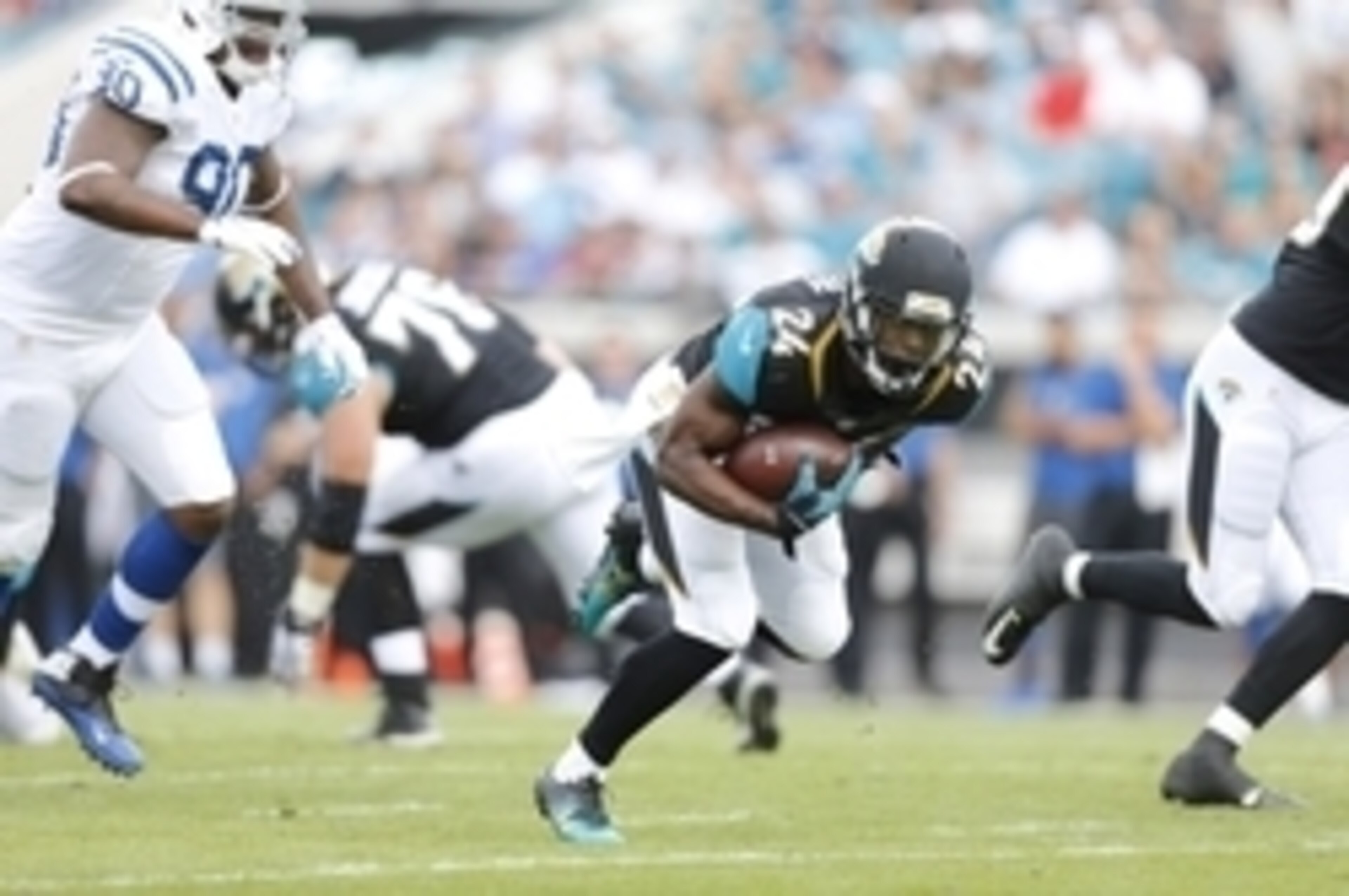 Dec 13, 2015; Jacksonville, FL, USA; Jacksonville Jaguars running back T.J. Yeldon (24) runs the ball against the Indianapolis Colts in the first quarter at EverBank Field. The Jaguars won 51-16. Mandatory Credit: Jim Steve-USA TODAY Sports Dec 13, 2015; Jacksonville, FL, USA; Jacksonville Jaguars running back T.J. Yeldon (24) runs the ball against the Indianapolis Colts in the first quarter at EverBank Field. The Jaguars won 51-16. Mandatory Credit: Jim Steve-USA TODAY Sports