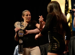 Joanna Jedrzejczyk gestures at Claudia Gadelha earlier this month.