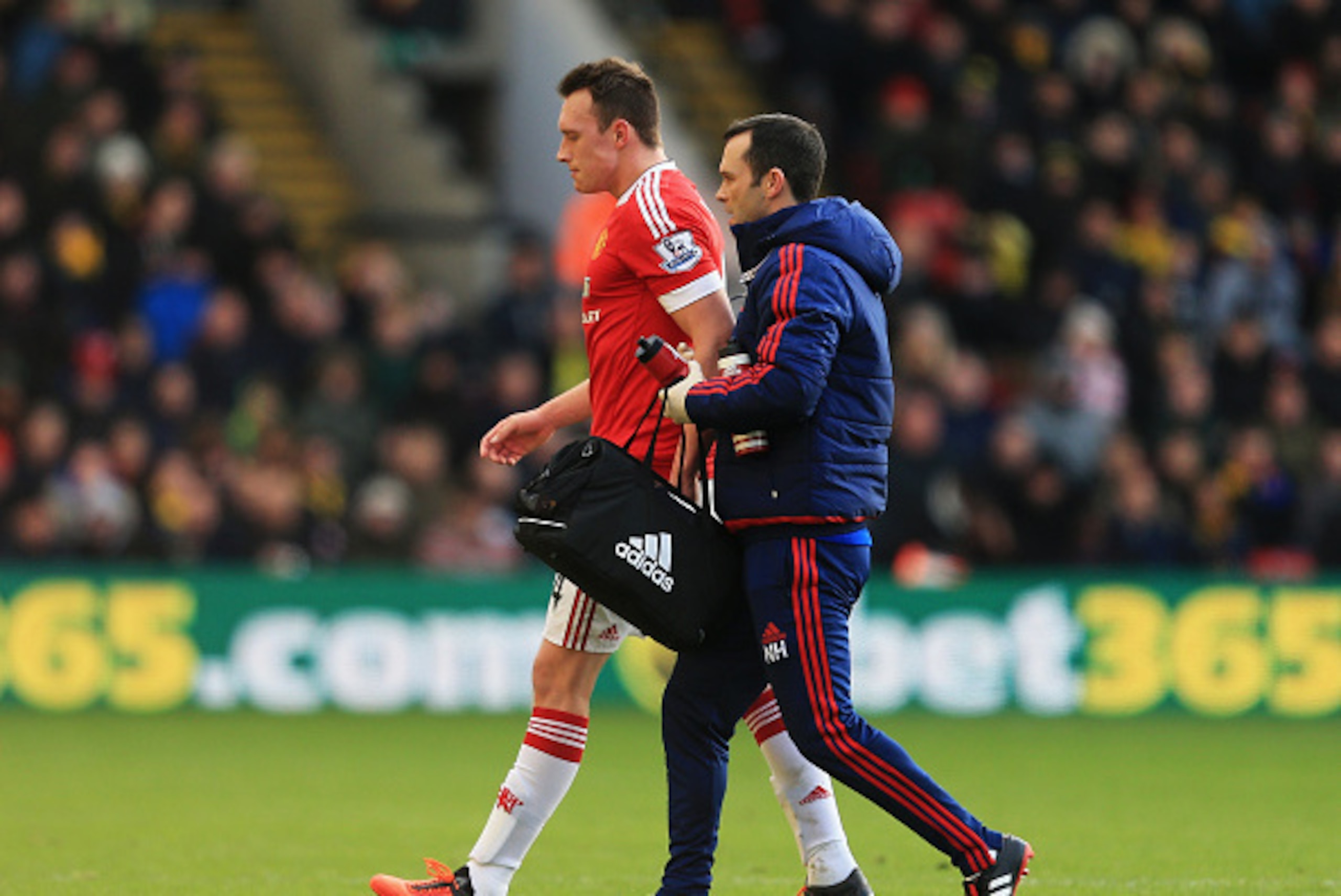 Phil Jones sustains another injury, against Watford in November 2015.
