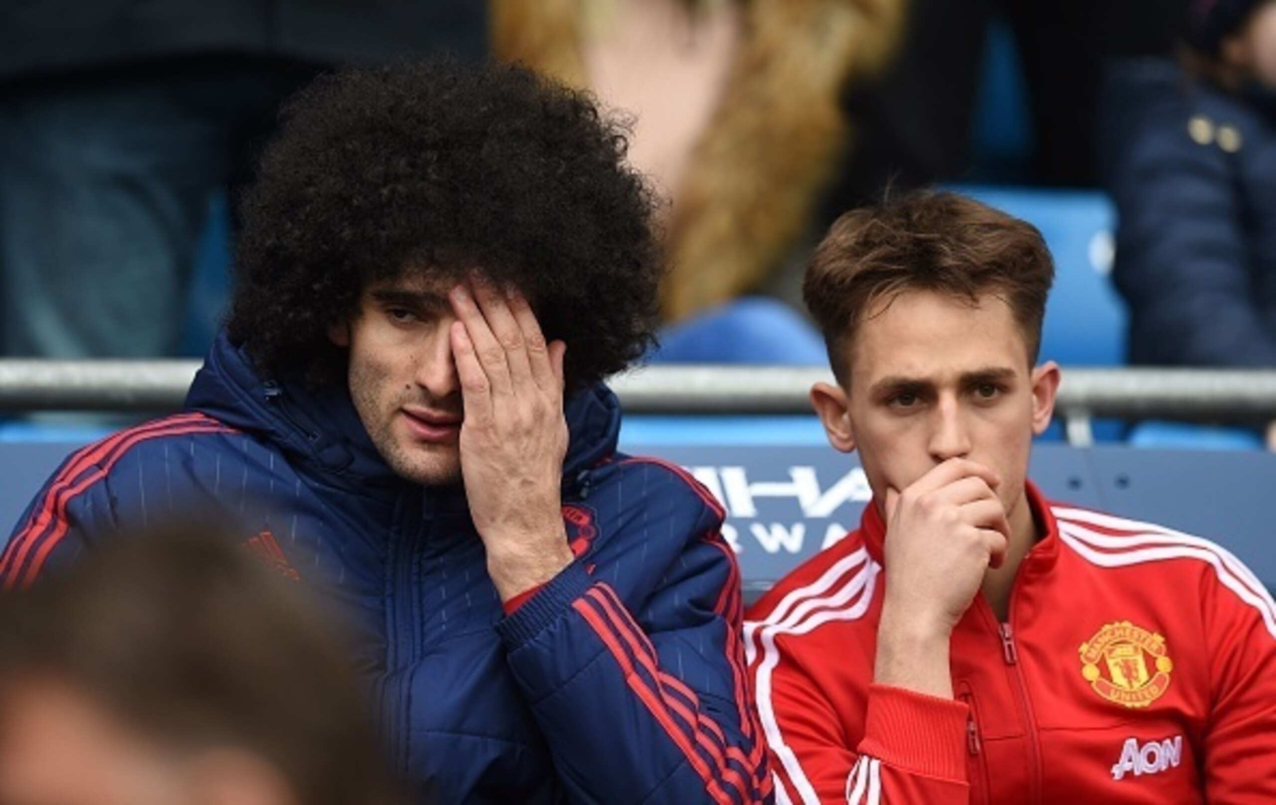 "Oh no, Marouane, I'm on the list too!" Fellaini and Januzaj on the United bench.