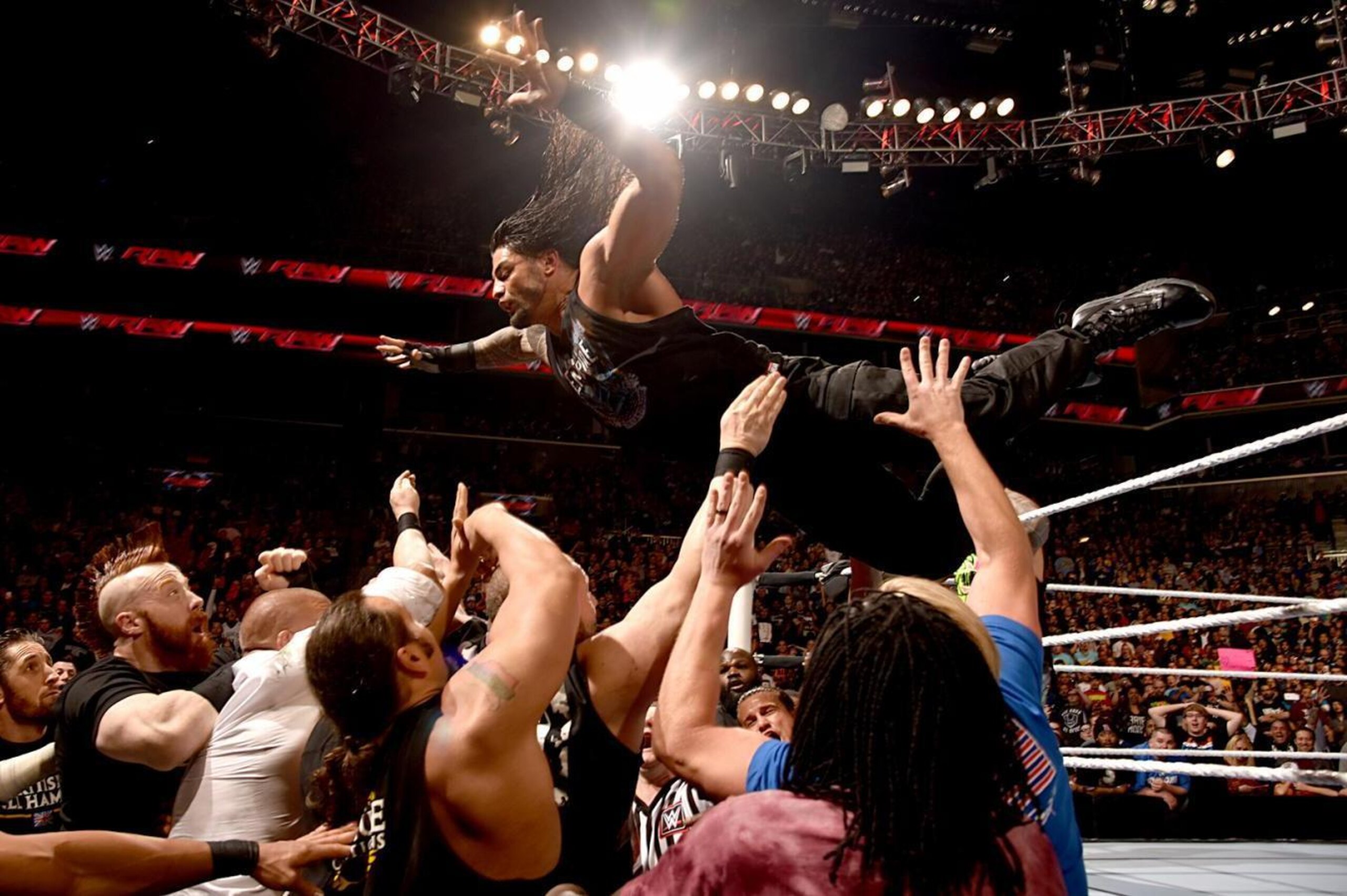 Roman Reigns takes flight on the latest episode of WWE Raw.