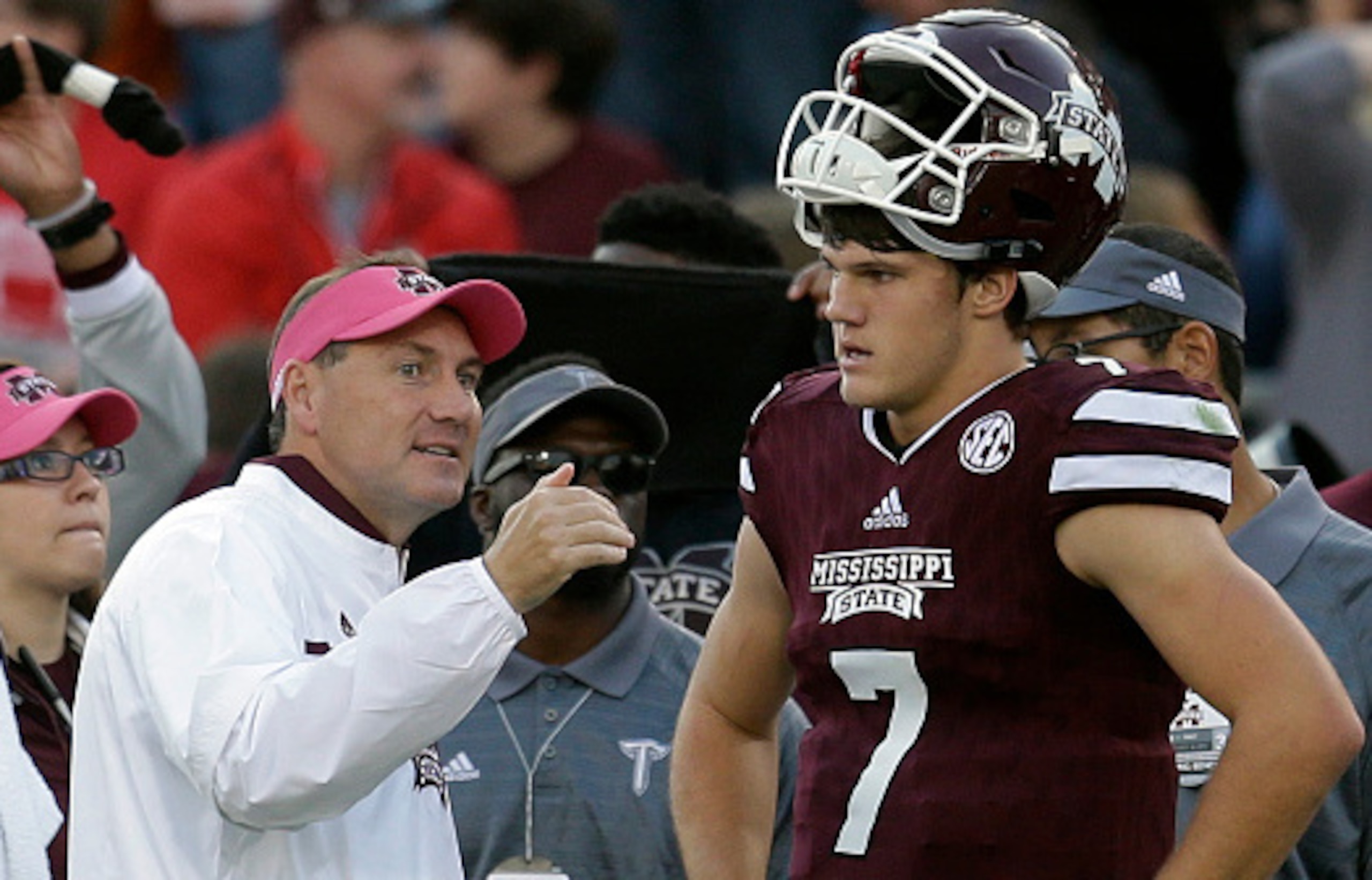 Mississippi State head coach Dan Mullen (left) and QB Nick Fitzgerald