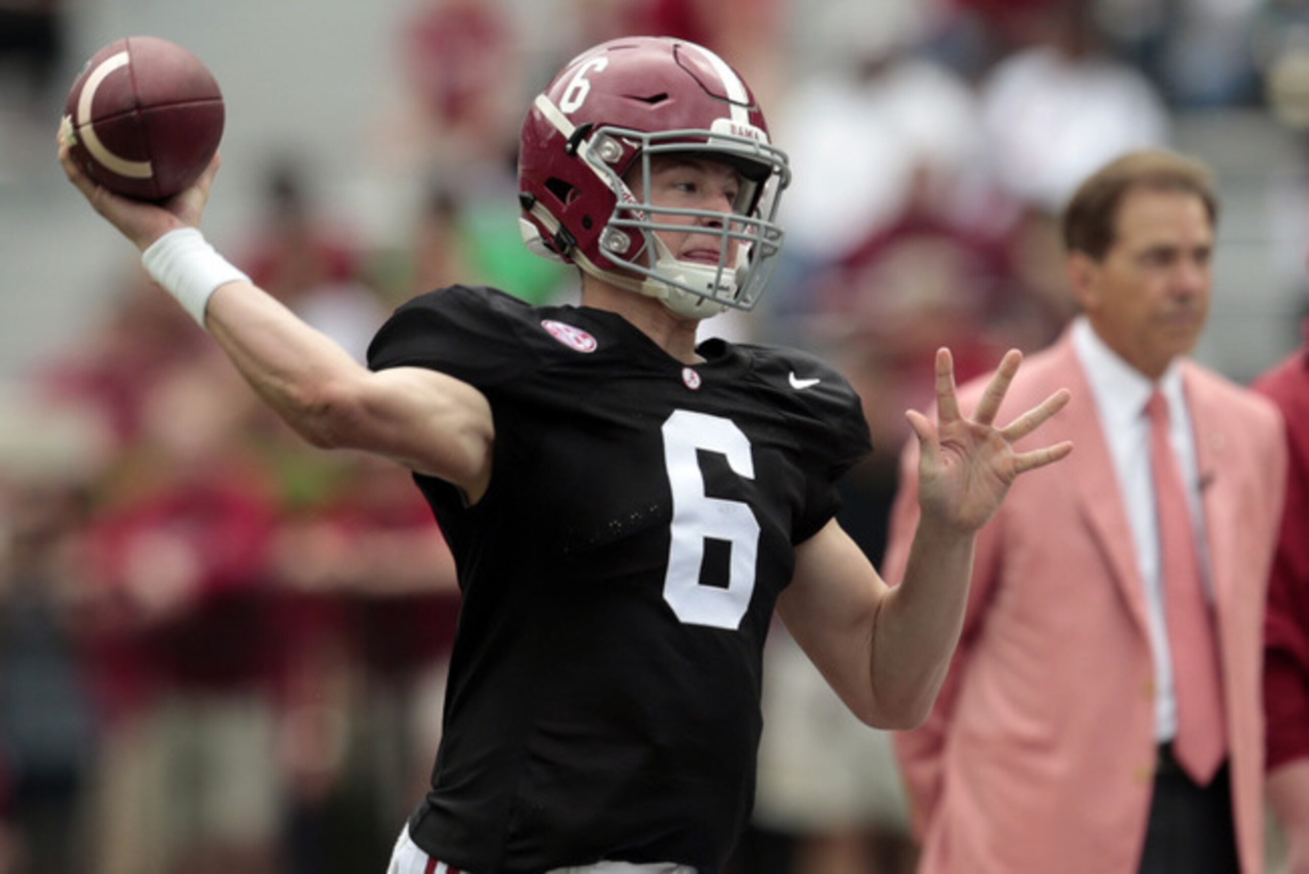 Alabama QB Blake Barnett and HC Nick Saban
